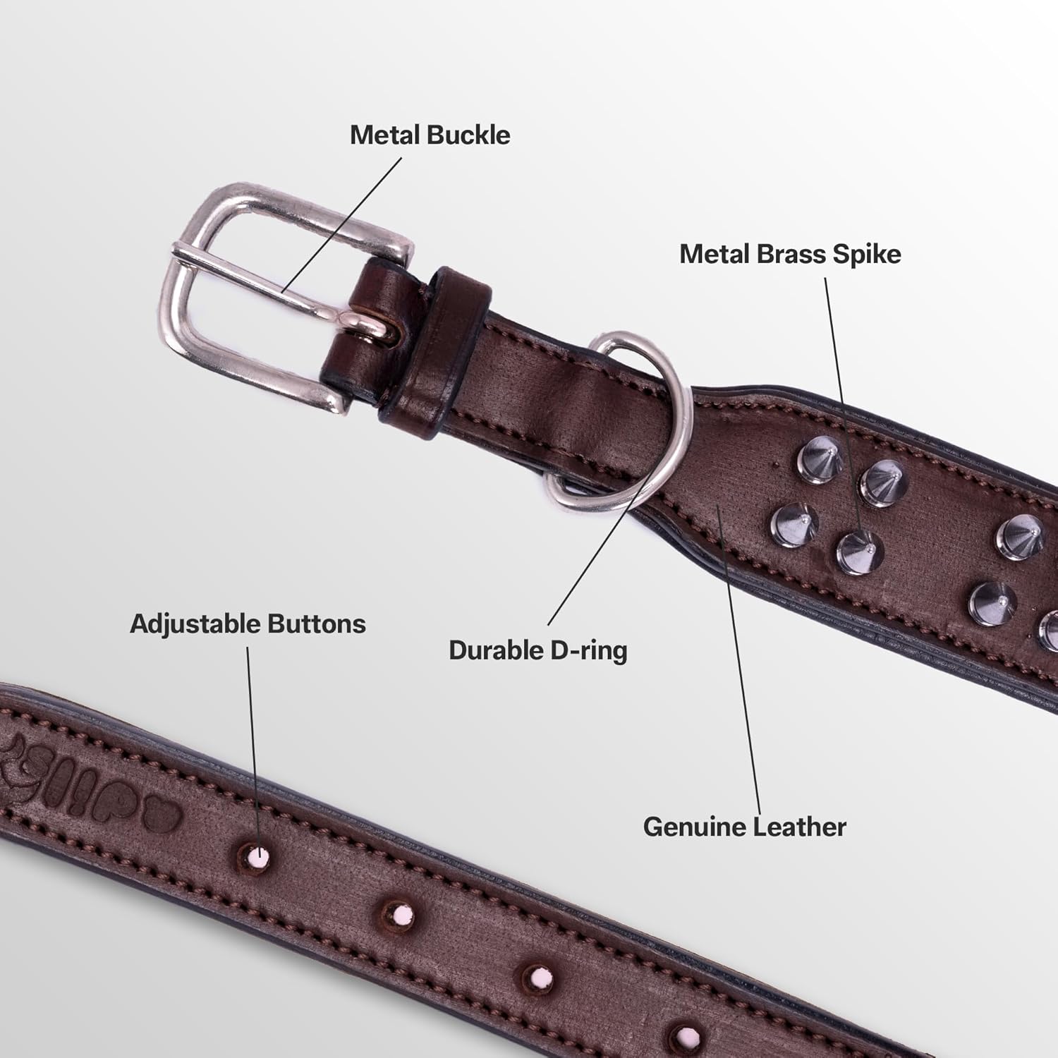 ADIL'S Leather Dog Collar With Spike, Adjustable Metal Buckle Studded Collars For Small, Medium, & Large Dog With D Ring, Width: 38Mm