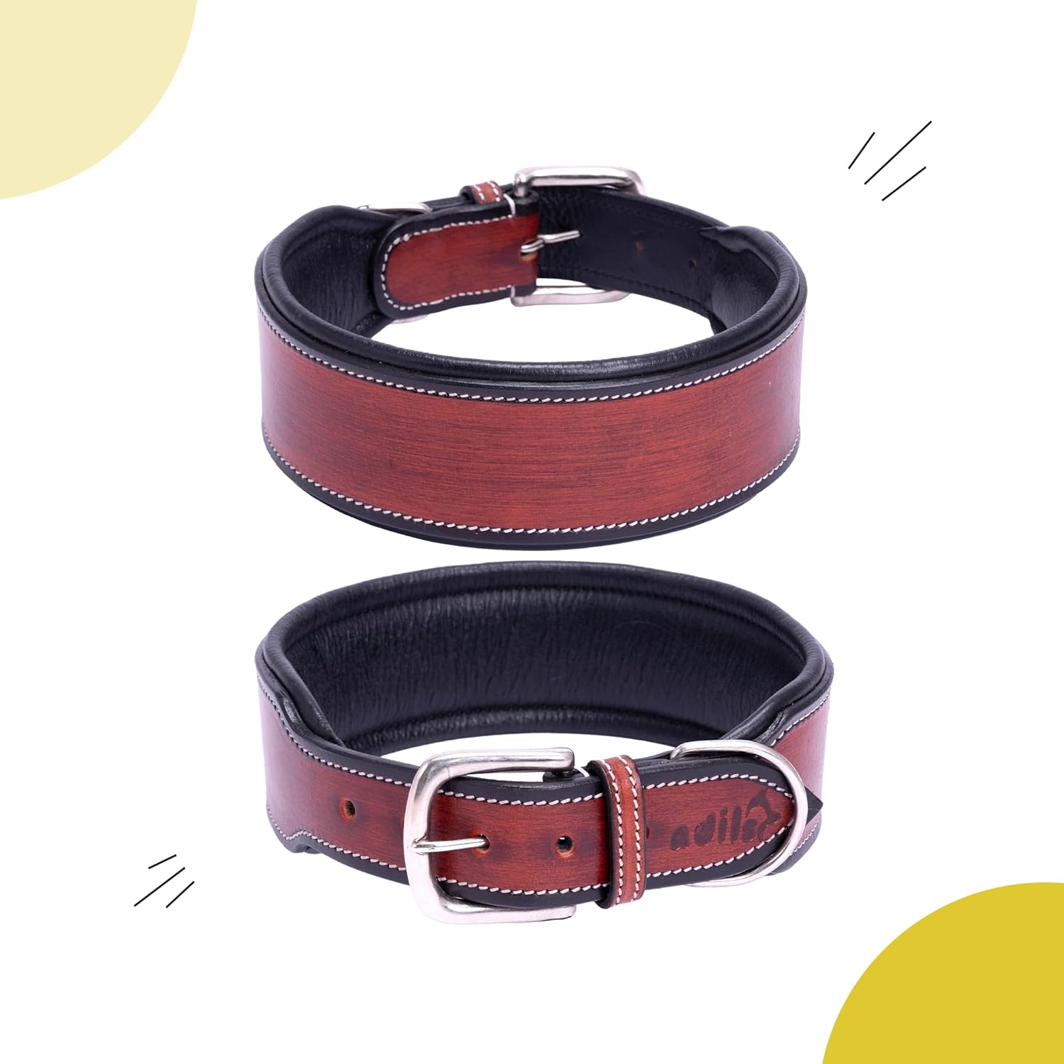 Adil’S supertails Genuine Leather Black Edge Dog Collar 2.5 Inch Width, Heavy Duty, Adjustable Leather Handmade Dog Collar with Strong Metal Buckle, Neck Size: 12” to 26” Color: Orange Brown