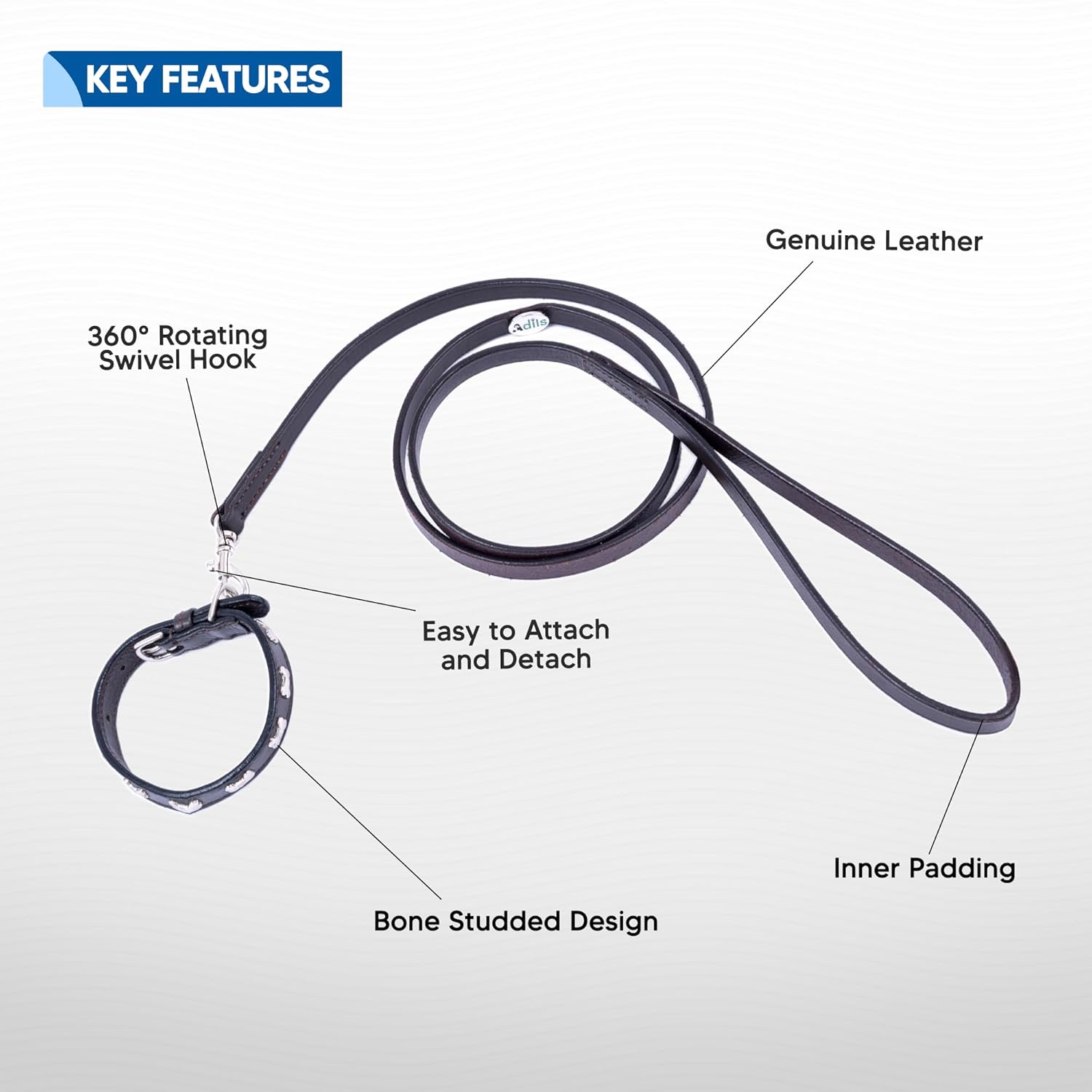 Adil’S Leather Cat Collar & Leash Set - Stylish Six Bone Studded Design Collar, Genuine Leather, Adjustable Buckle & Secure 5ft Leash for Safe and Comfortable Outdoor Activity (Brown)