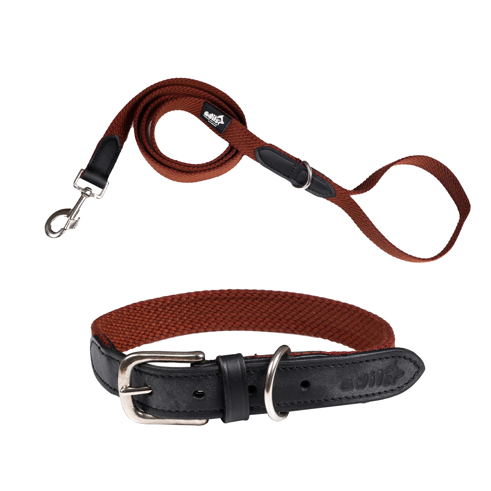 Adil’s Plain Cotton Adjustable Leather Neck Belt Dog Collar & 5FT Leash Combo Set | Durable Cotton-Leather with Metal Buckle for Small, Medium & Large Dogs (Black, M(16''-20''))