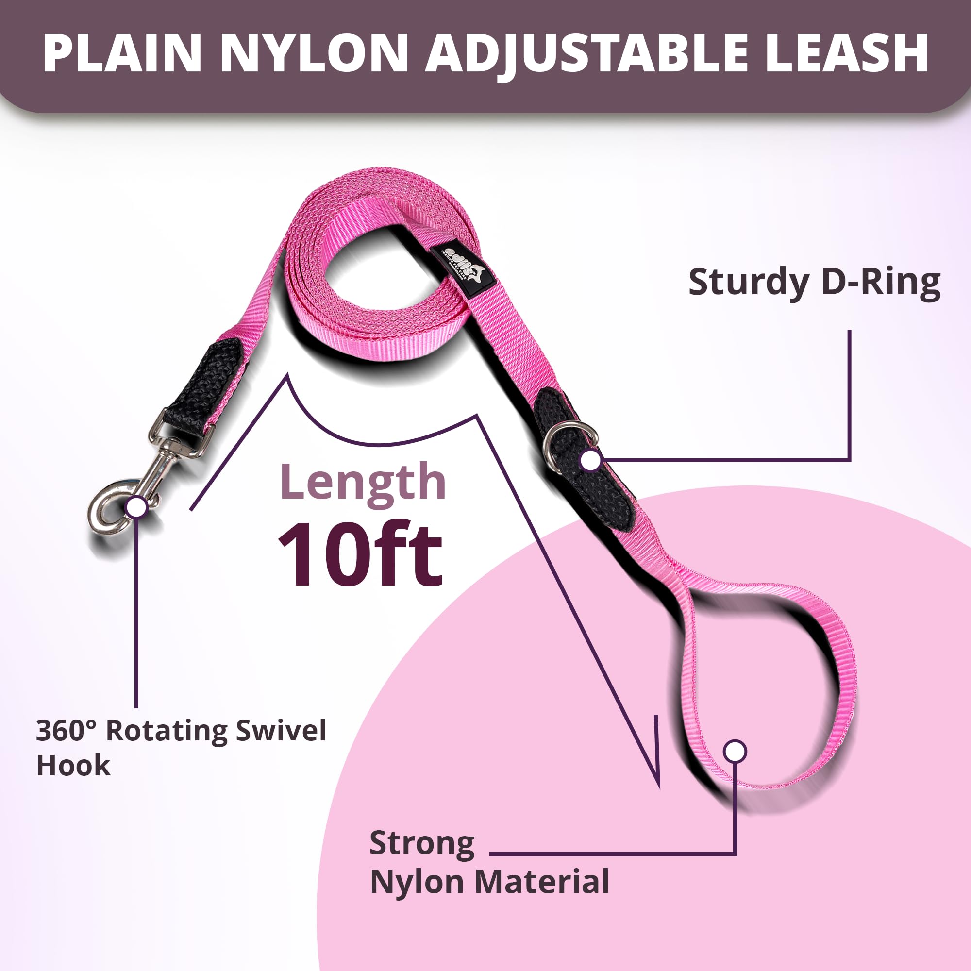 Adil’s 10FT Adjustable Dog Leash Features a Soft Leather Handle, Strong Nylon, and a 360° Swivel Hook—Durable, Comfy, and Ideal for Small to Large Dogs.