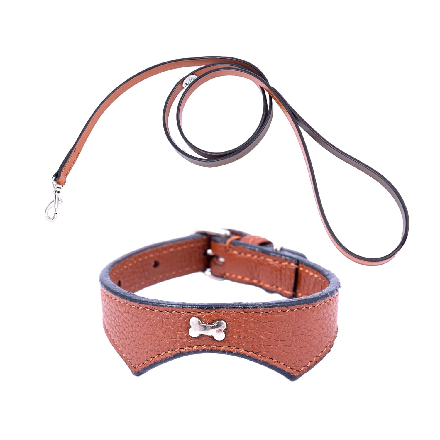 Adil’S Leather Cat Collar & Leash Set Combo - Stylish Single Bone Studded Design Collar, Genuine Leather, Adjustable Buckle & Secure 5ft Leash for Outdoor Activity (Brown)