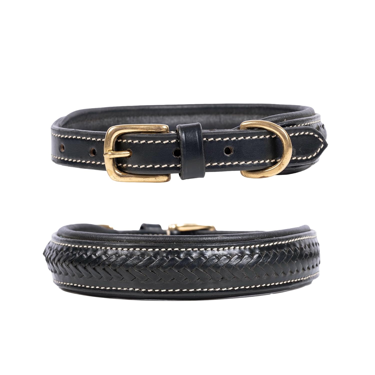 ADIL'S Handcrafted Leather Dog Collar – Basket Weave Braided Design Neckbelt with Brass Buckle & D-Ring for Small Medium Large Dogs, Black 1 Inch