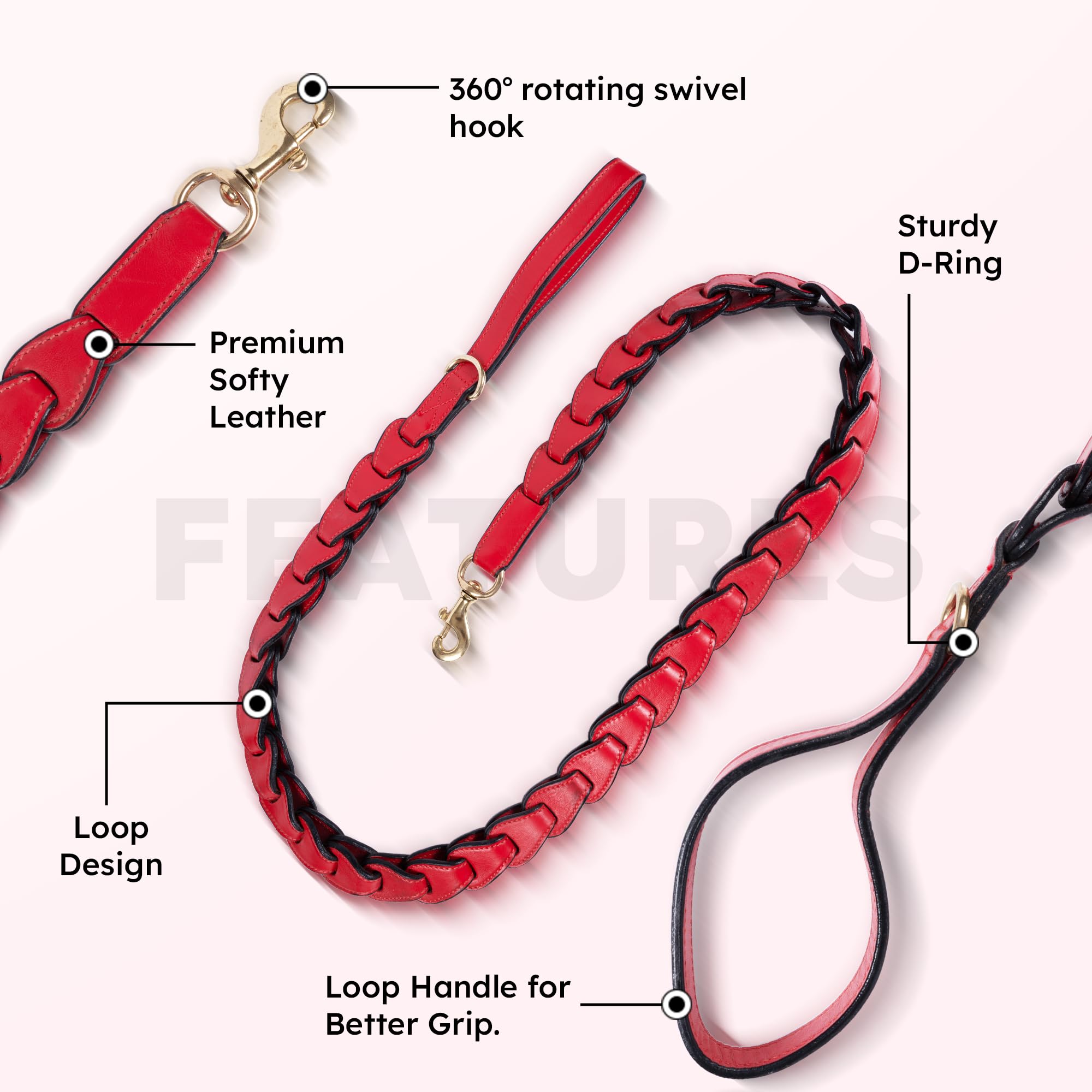 Adil's Premium Softy Leather Dog Leash 5ft Long 1 Inch Wide Braided Leash with Loop Handle 360° Golden Swivel Hook Strong D-Ring Durable Walking Training Lead for Small Medium Large Pets