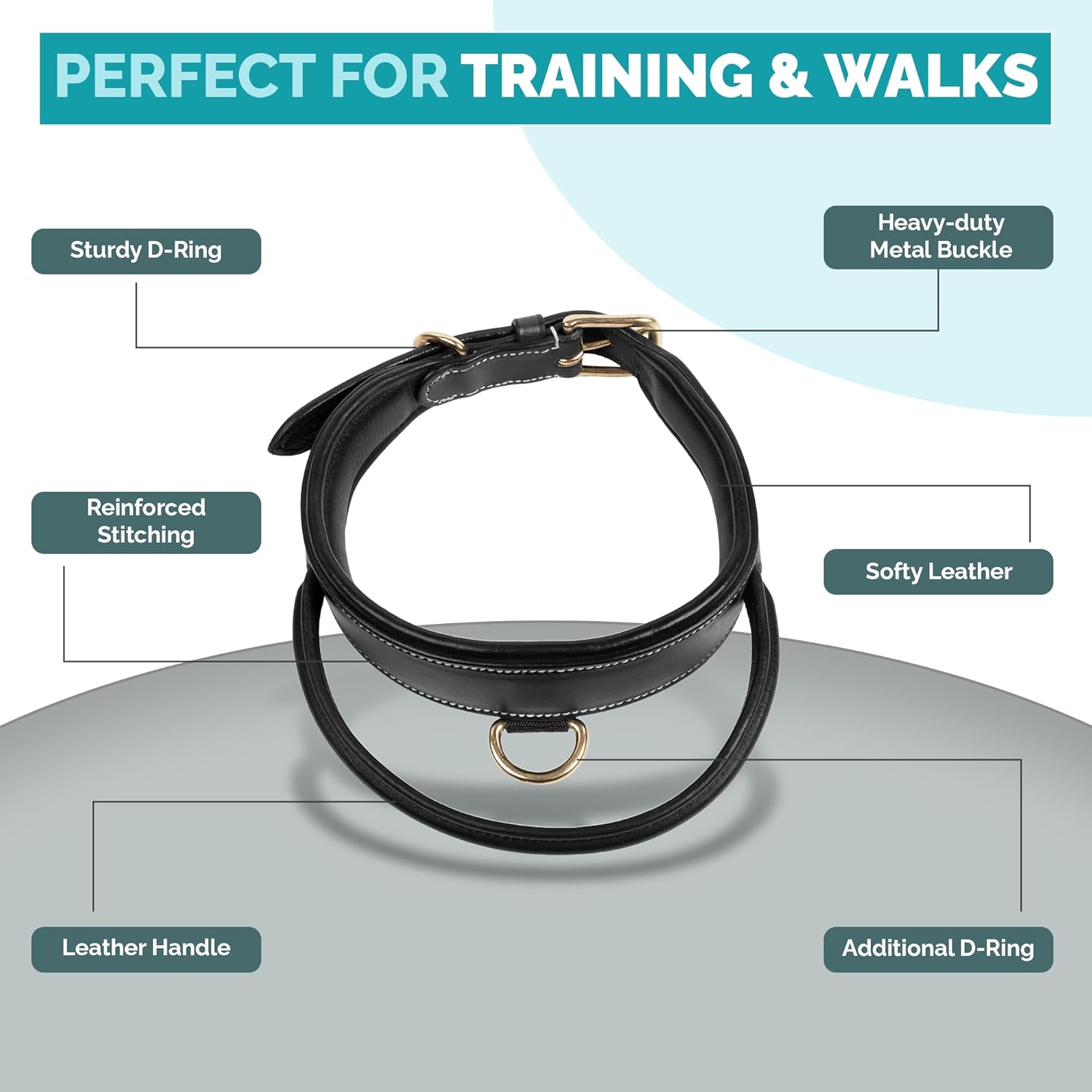 Adil's Softy Leather Dog Collar with Control Handle 1.5 inch Wide Built-in Quick Grab Leather Pull Strap, Heavy Duty Dual D-Ring Neckbelt for Medium & Large Dogs (Black, S)