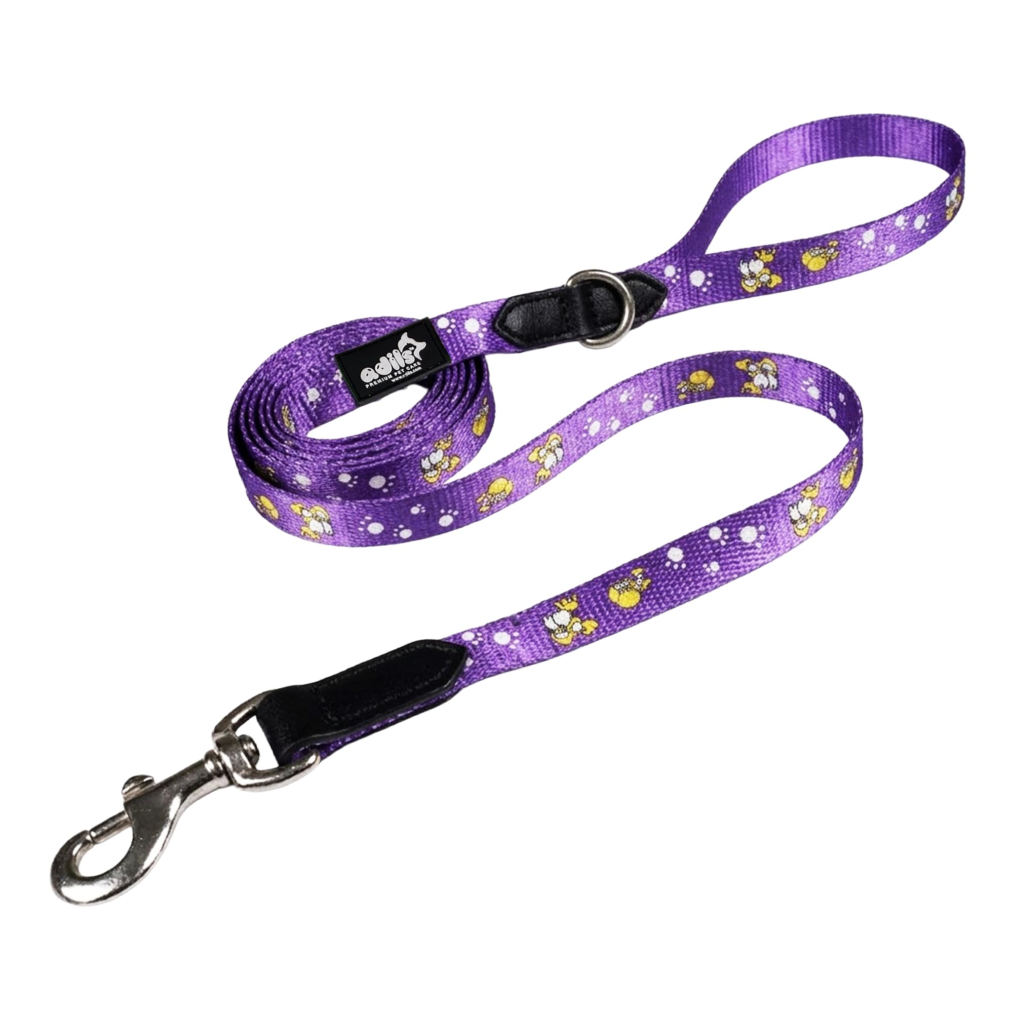 Adil’s Nylon Paw Print Dog Leash – 19mm Wide 5ft Long Durable Lead with 360° Swivel Hook Loop Handle Metal D-Ring Walking Training for Small Medium Pets
