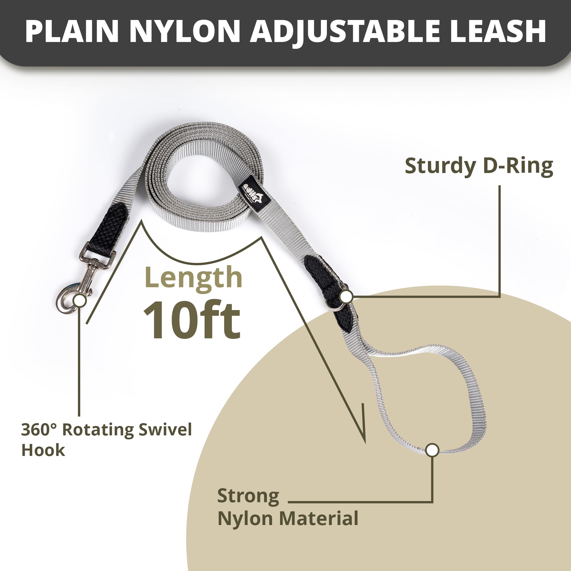 Adil’s 10FT Adjustable Dog Leash Features a Soft Leather Handle, Strong Nylon, and a 360° Swivel Hook—Durable, Comfy, and Ideal for Small to Large Dogs.