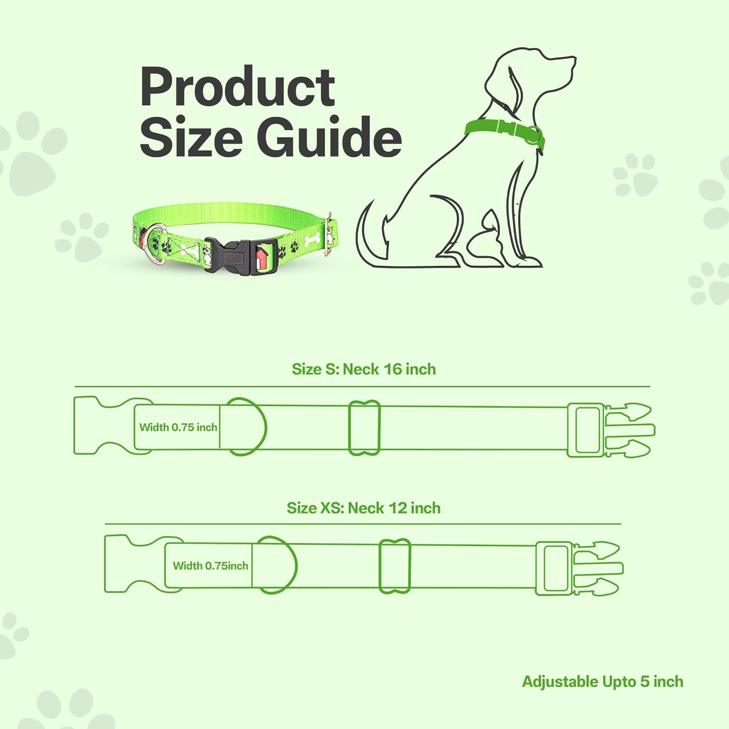 Adil’S Nylon Paw Print Dog Collar with Adjustable Quick Release Buckle & D-Ring for Leashes, 0.75in Width, Suitable for Small to Large Dogs, Size: XS, Green