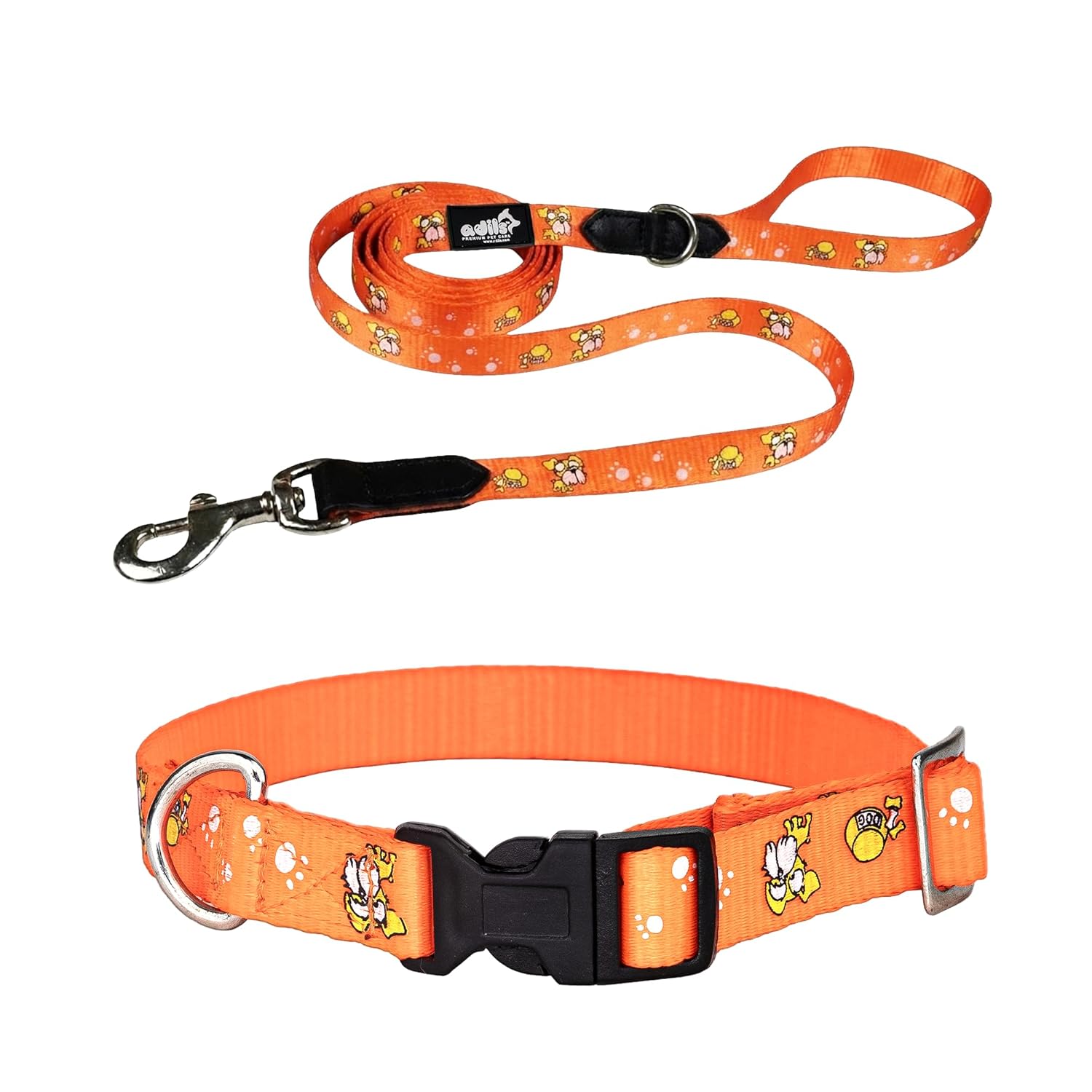 Adil's Nylon Paw Print Dog Collar & Leash Combo Set Quick Release Buckle 360° Swivel Hook Leather Accents 0.75 Inch Collar 5Ft Lead Walking Training for Small Medium Pets