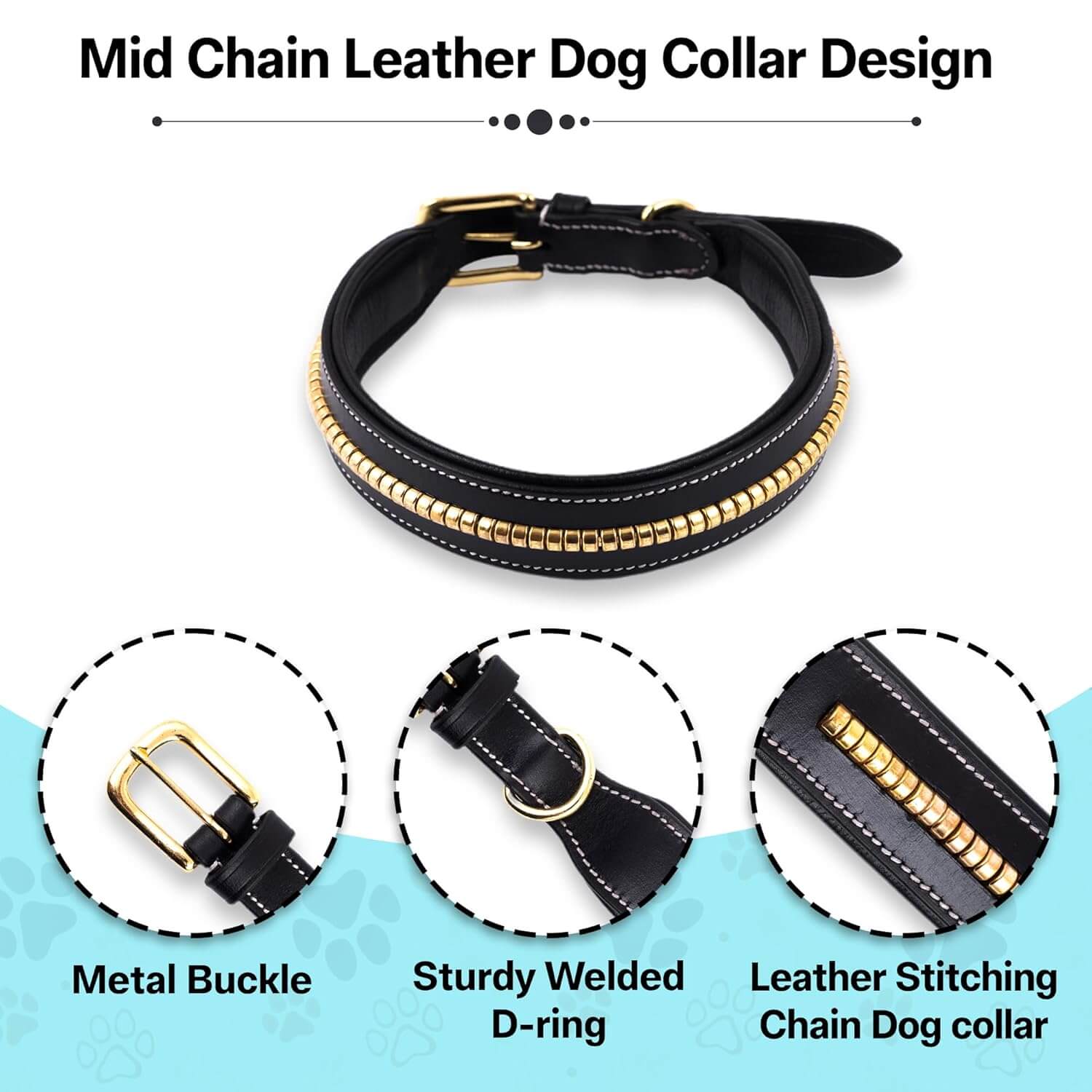 Adil's Genuine Leather 1.5" Mid Chain Dog Collar for Medium to Large Dogs