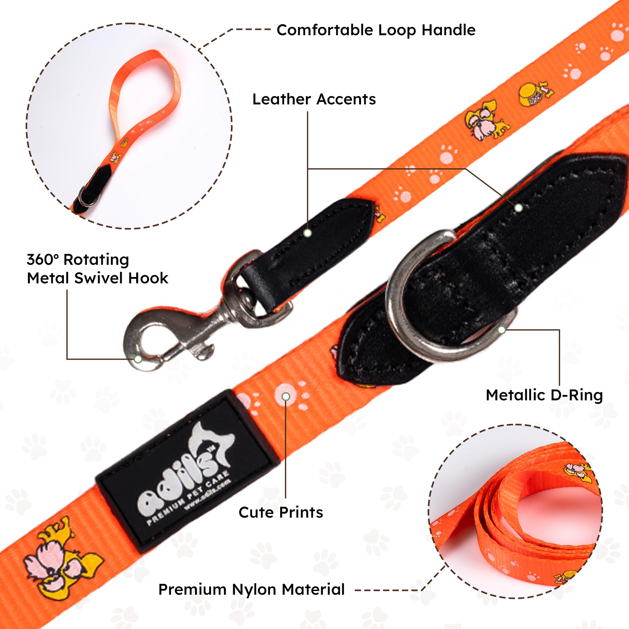 Adil’s Nylon Paw Print Dog Leash – 19mm Wide 5ft Long Durable Lead with 360° Swivel Hook Loop Handle Metal D-Ring Walking Training for Small Medium Pets