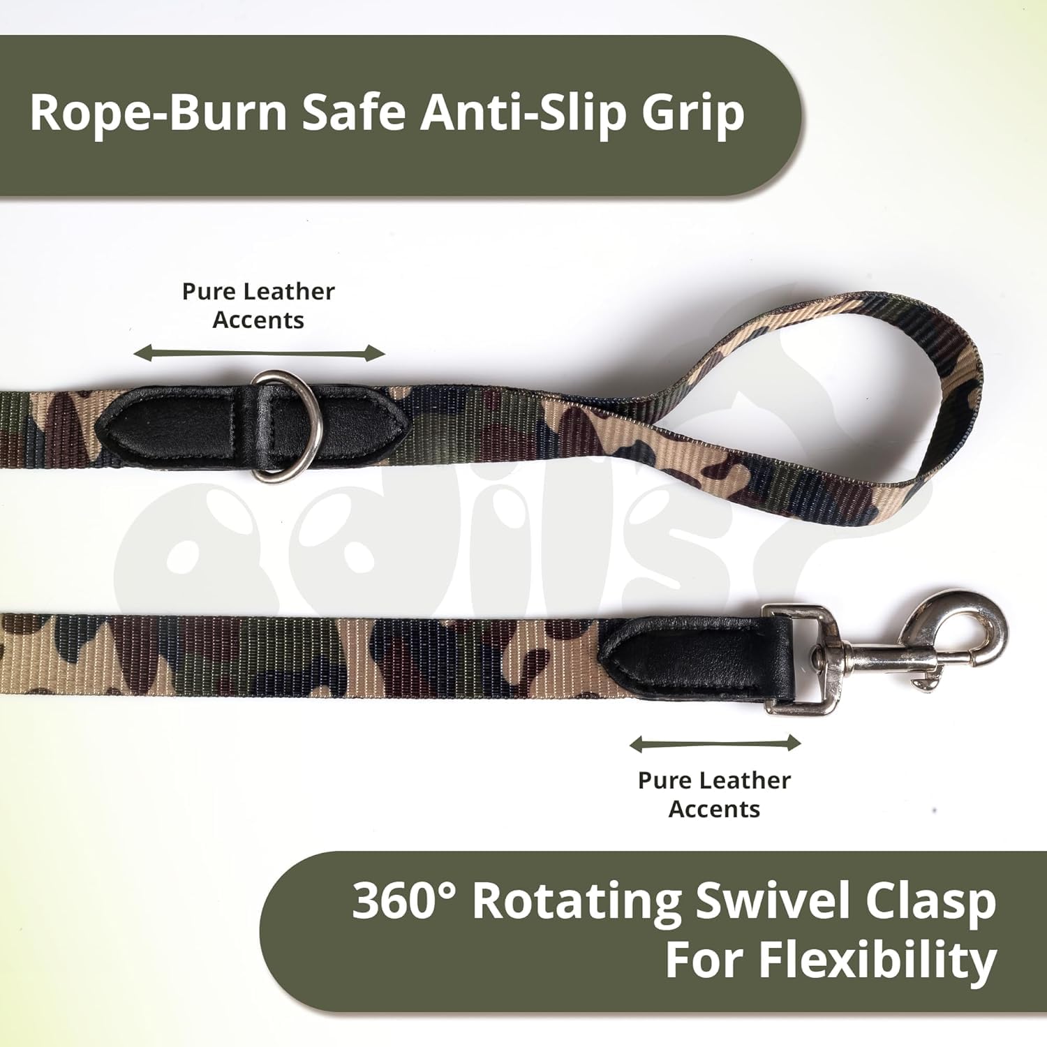 Adil’s Nylon Adjustable Dog Leash in Army Print with Soft Leather Handle, Heavy-Duty Strap & 360° Swivel Hook – Durable Training & Walking Leash for Small, Medium & Large Pets.