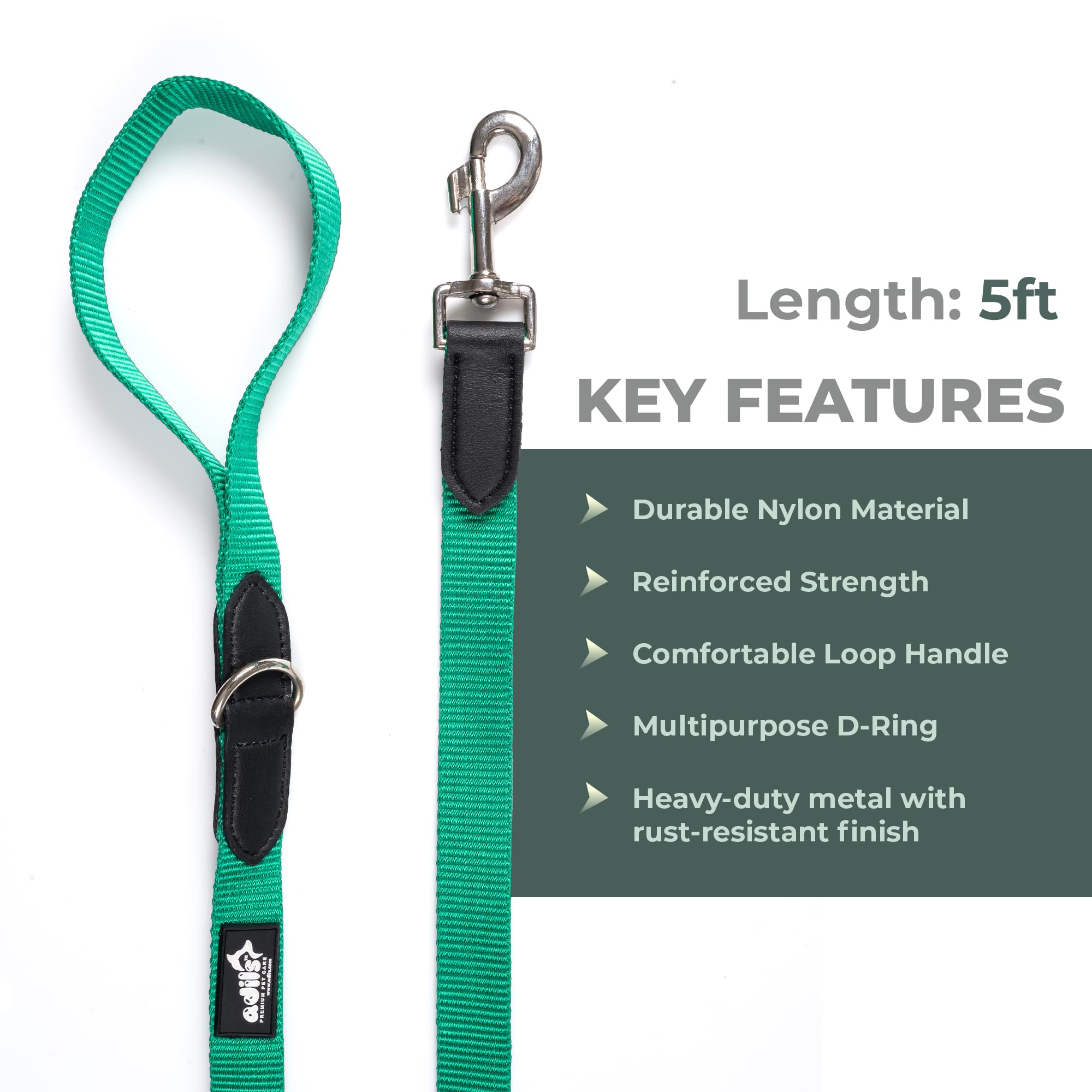 Adil’s 5FT Adjustable Nylon Dog Leash with Soft Leather Handle – Durable Long Lead with 360° Swivel Hook – Strong, Tangle-Free Leash for Walking & Training Small, Medium & Large Dogs