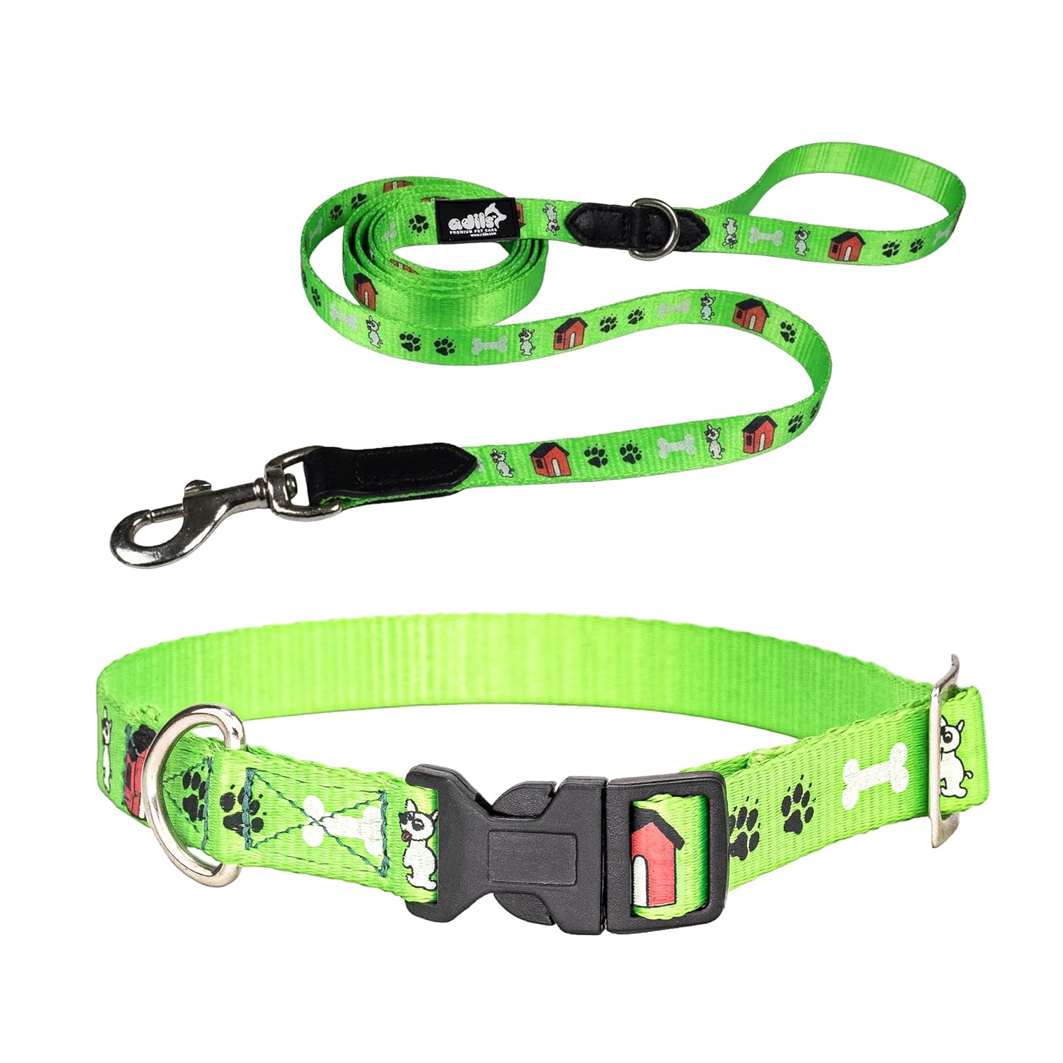 Adil's Nylon Paw Print Dog Collar & Leash Combo Set Quick Release Buckle 360° Swivel Hook Leather Accents 0.75 Inch Collar 5Ft Lead Walking Training for Small Medium Pets (Green, XS)