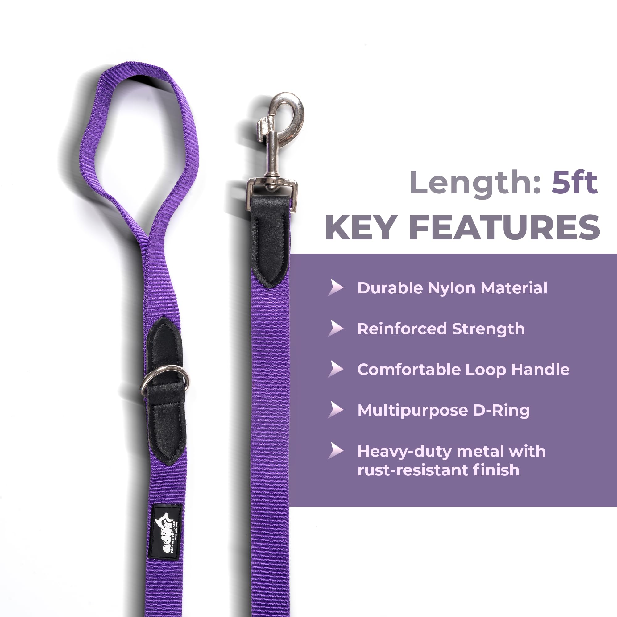 Adil’s 5FT Adjustable Nylon Dog Leash with Soft Leather Handle – Durable Long Lead with 360° Swivel Hook – Strong, Tangle-Free Leash for Walking & Training Small, Medium & Large Dogs