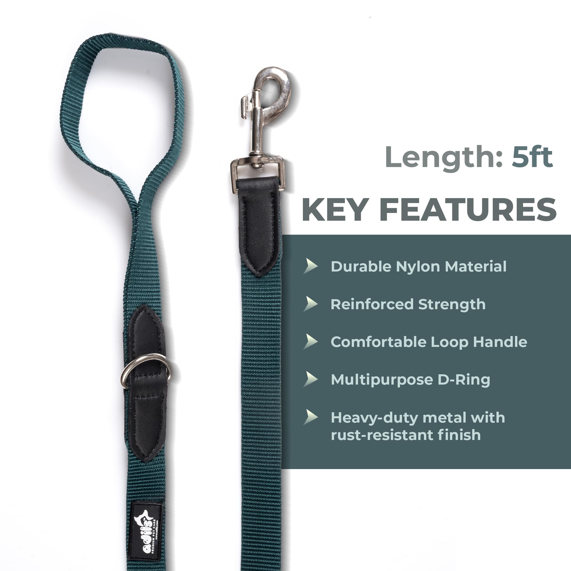 Adil’s 5FT Adjustable Nylon Dog Leash with Soft Leather Handle – Durable Long Lead with 360° Swivel Hook – Strong, Tangle-Free Leash for Walking & Training Small, Medium & Large Dogs
