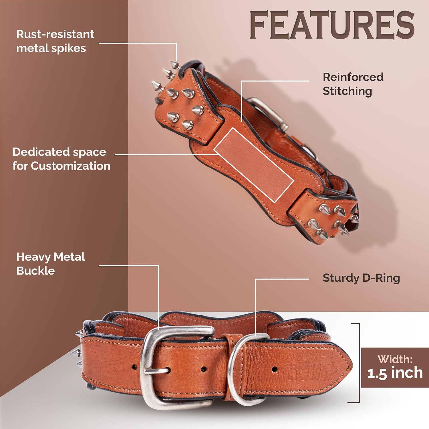 Adil's Personalized Softy Premium Leather Spiked Dog Collar – 1.5 Inch Wide Loop Design Heavy Duty Soft Padded Neckbelt, Sturdy Stainless Steel Buckle & D-Ring for Small, Medium & Large Pets