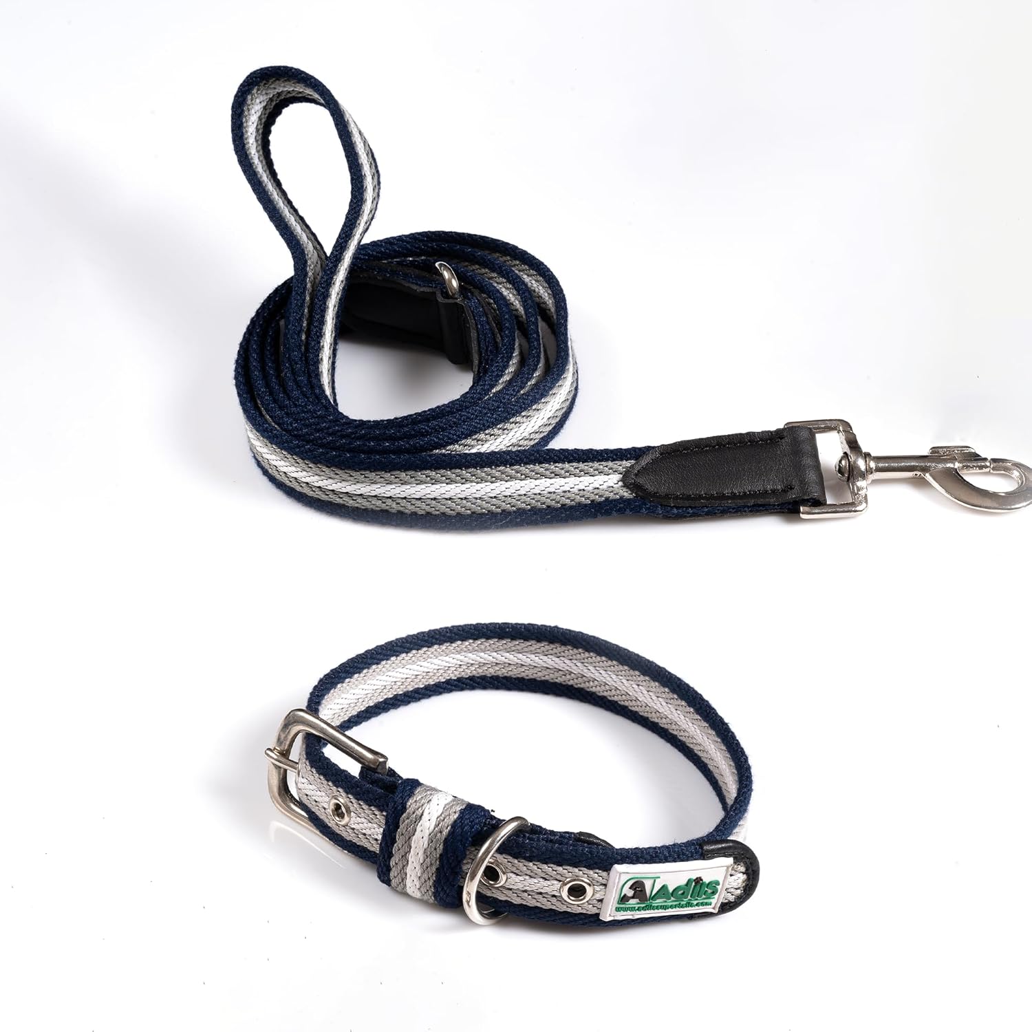 Adil’s Multi Color Cotton Dog Collar & Leash Combo Set | Durable High-Density Cotton with Metal Buckle, Adjustable Holes & 5 Ft Leash for Small, Medium & Large Dogs (Grey White Blue, XL)
