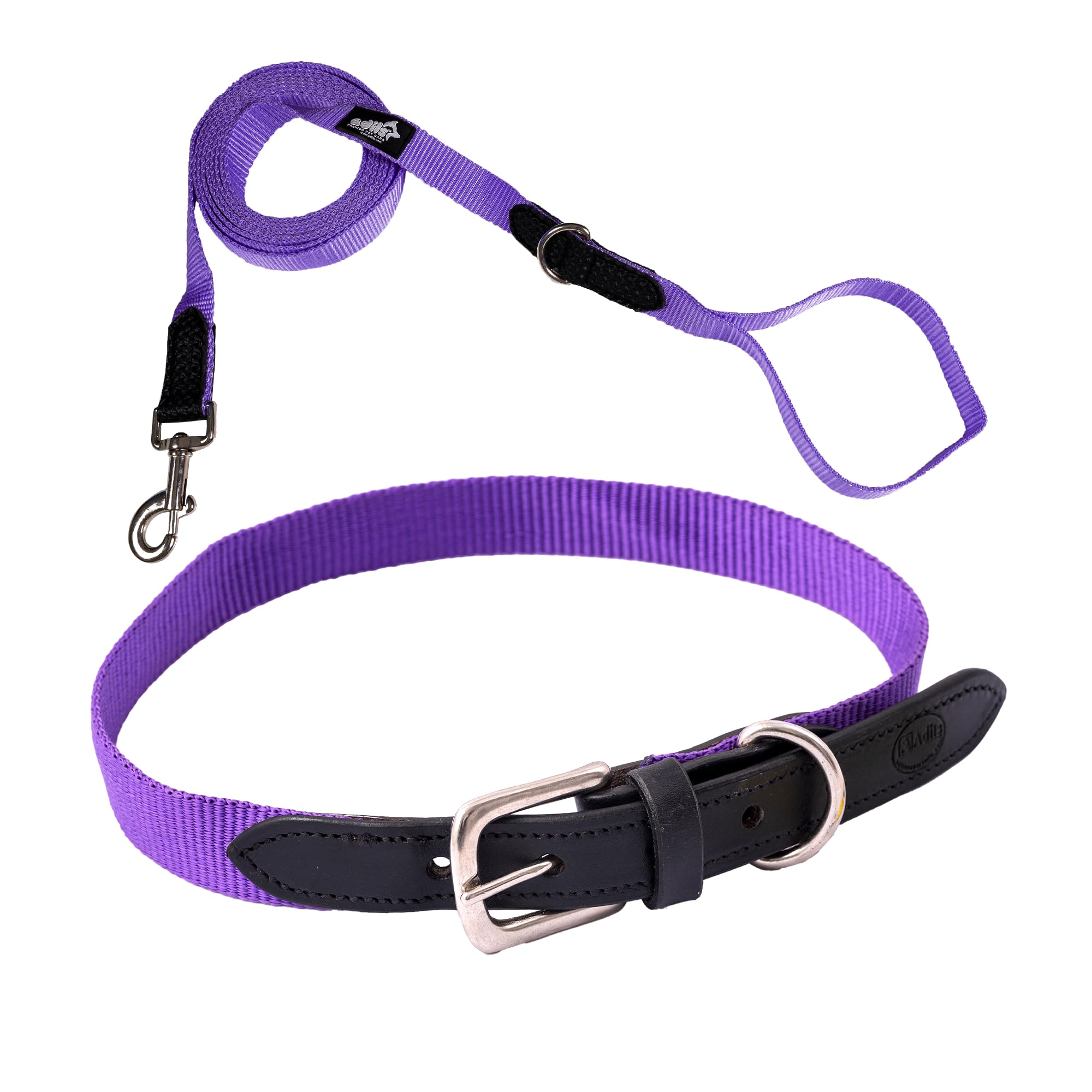Adil’s Adjustable Plain Nylon with Leather Dog Collar & Leash Combo – Reinforced with Metal Buckle, 360° Swivel Hook, D-Ring & 10ft Leash for Small, Medium & Large Dogs (Purple, Small)