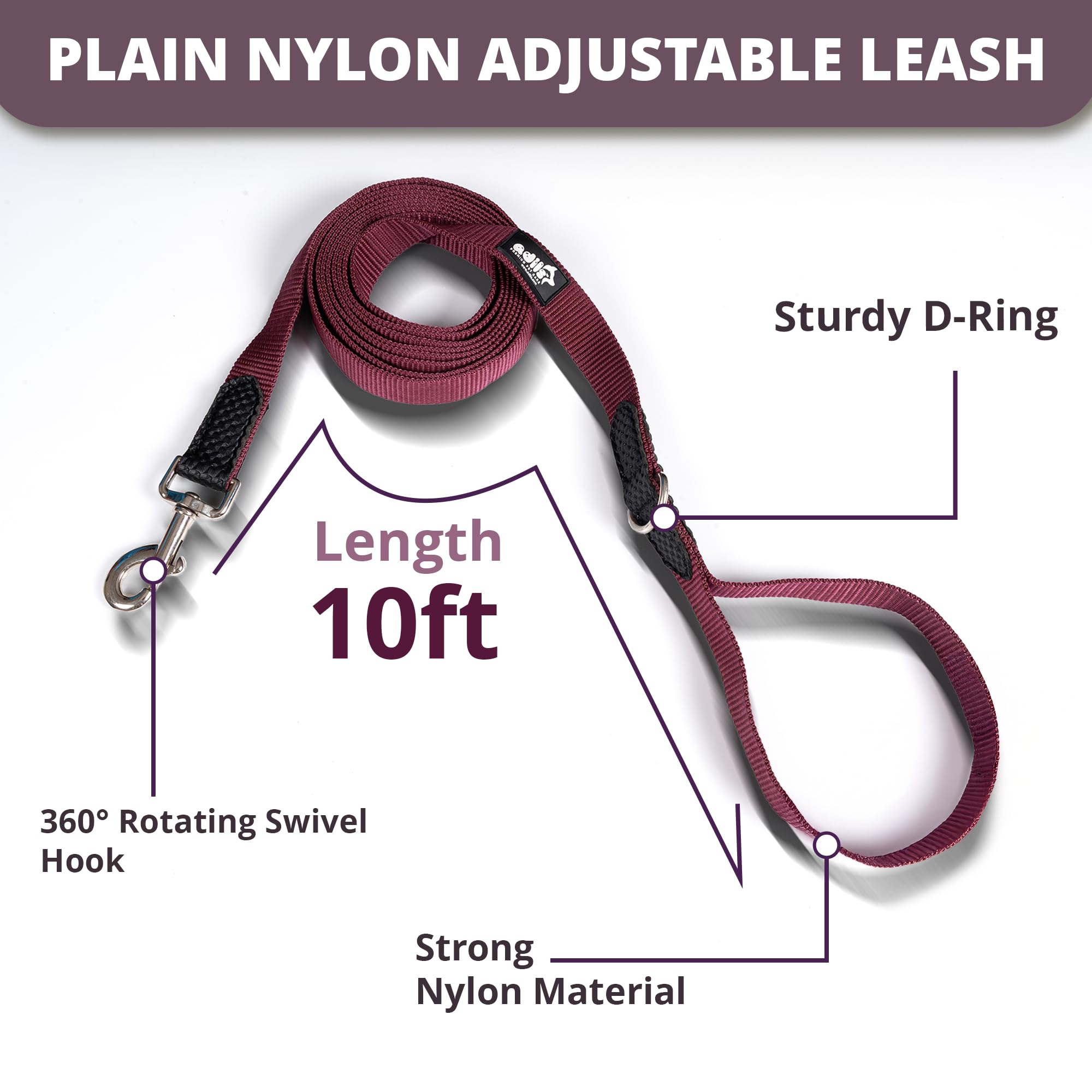 Adil’s 10FT Adjustable Dog Leash Features a Soft Leather Handle, Strong Nylon, and a 360° Swivel Hook—Durable, Comfy, and Ideal for Small to Large Dogs.