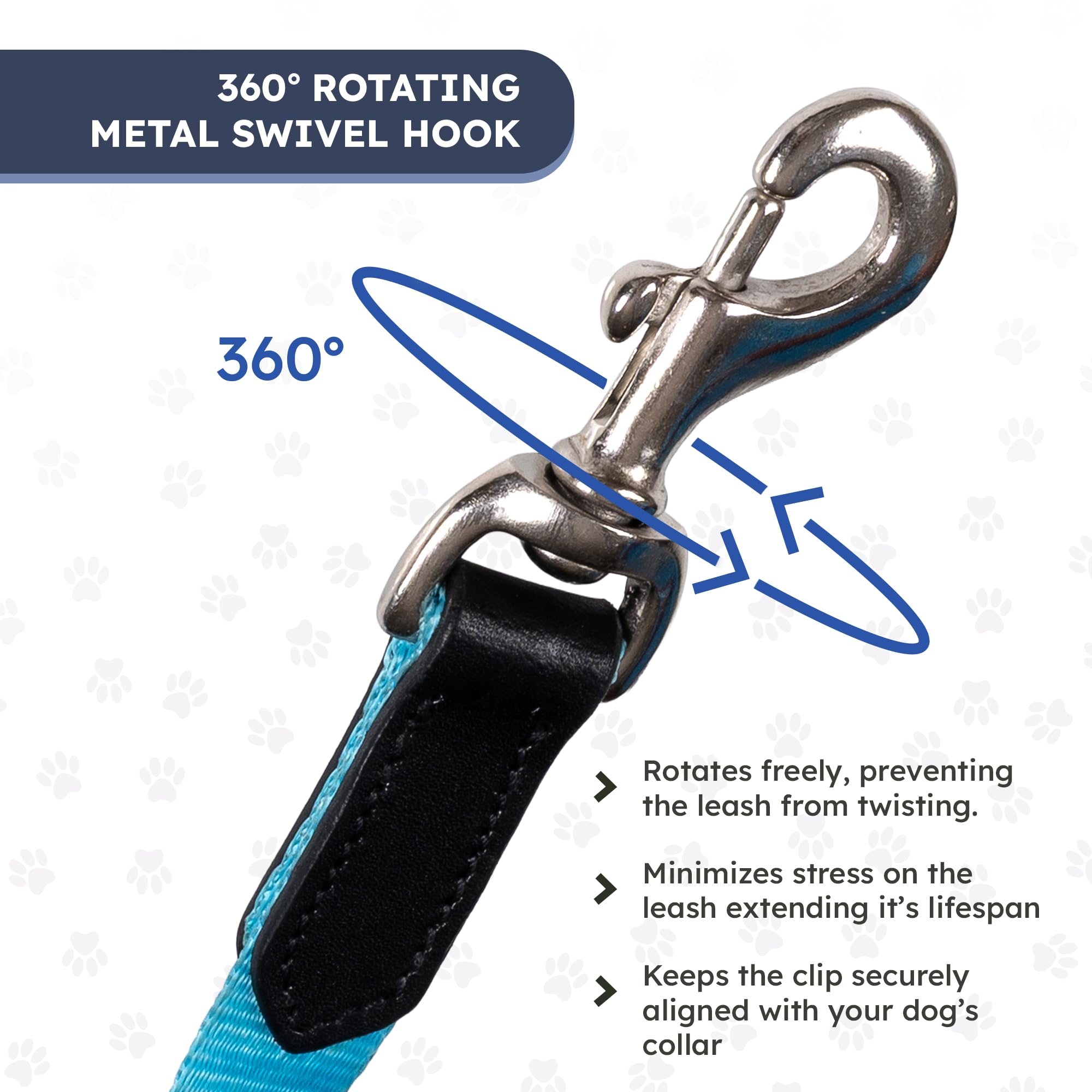 Adil’s Nylon Paw Print Dog Leash – 19mm Wide 5ft Long Durable Lead with 360° Swivel Hook Loop Handle Metal D-Ring Walking Training for Small Medium Pets