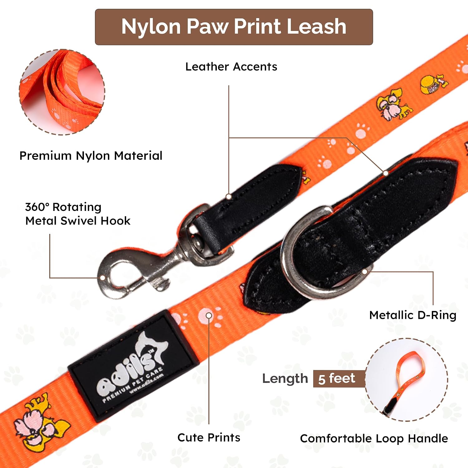 Adil's Nylon Paw Print Dog Collar & Leash Combo Set Quick Release Buckle 360° Swivel Hook Leather Accents 0.75 Inch Collar 5Ft Lead Walking Training for Small Medium Pets