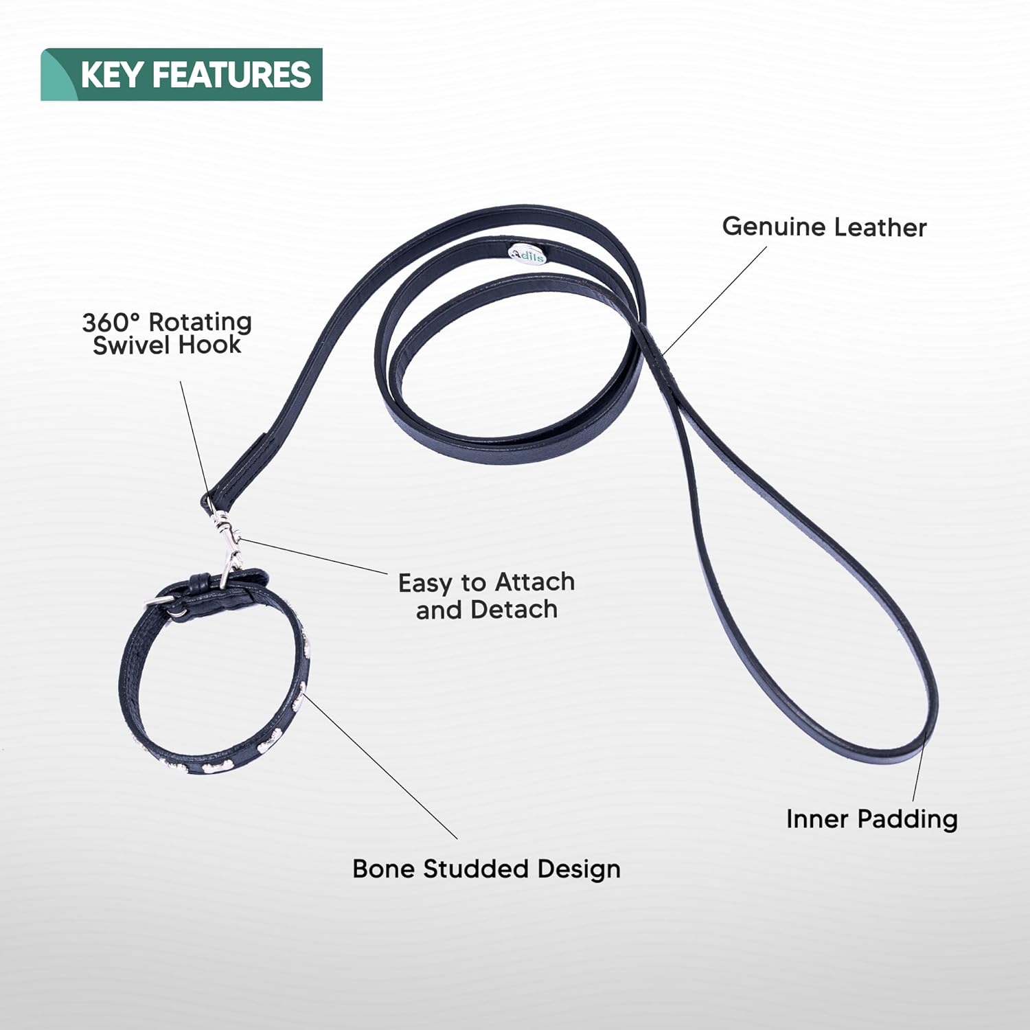 Adil’S Leather Cat Collar & Leash Set - Stylish Six Bone Studded Design Collar, Genuine Leather, Adjustable Buckle & Secure 5ft Leash for Safe and Comfortable Outdoor Activity (Brown)