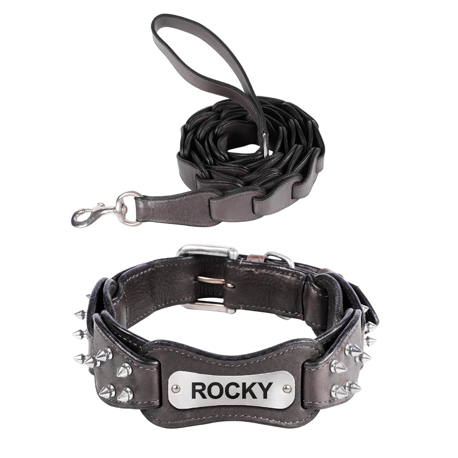 Adil’s Personalized Leather Loop Spike Dog Collar & Leash Combo Set 1.5" Wide Adjustable Neckbelt Metal Buckle D-Ring 5Ft Leather Heavy Duty Loop Cord with 360 Swivel Hook for Training Walking