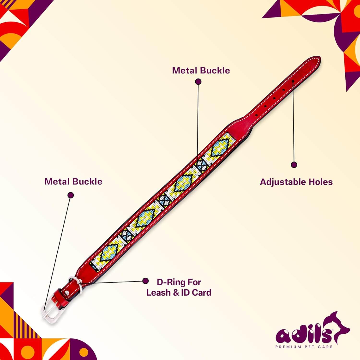 Adil’s Beaded Leather Dog Collar, Hand Tooled Adjustable with Strong Metal Buckle