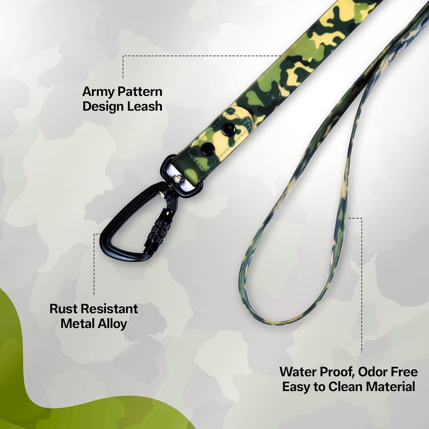 Army Print Biothane Leash - Waterproof Leashes for Dogs, Metal Hook, Adjustable 5ft Length Suitable for Dogs & Puppies, Ideal for Walking, Running & Training (Green)