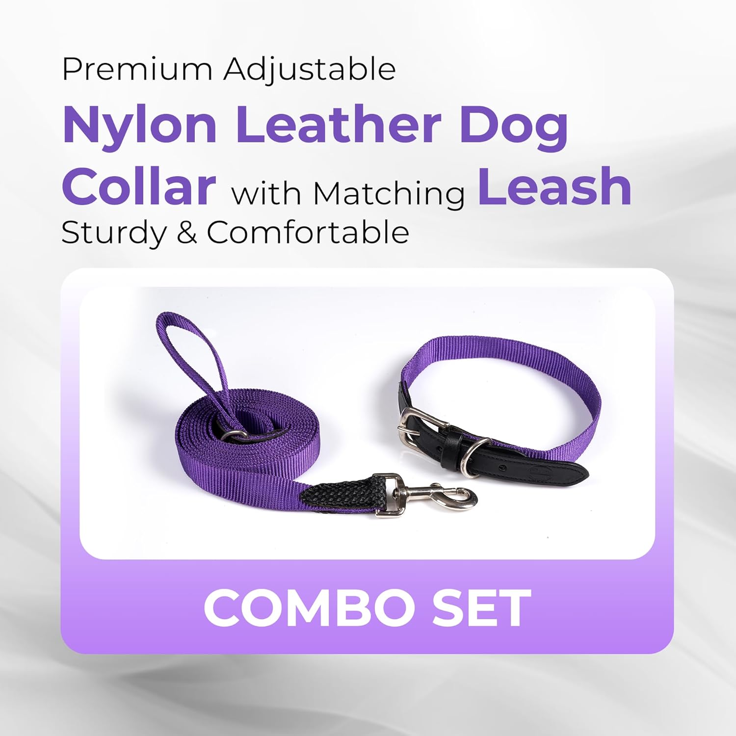 Adil’s Adjustable Plain Nylon with Leather Dog Collar & Leash Combo – Reinforced with Metal Buckle, 360° Swivel Hook, D-Ring & 10ft Leash for Small, Medium & Large Dogs (Purple, Small)
