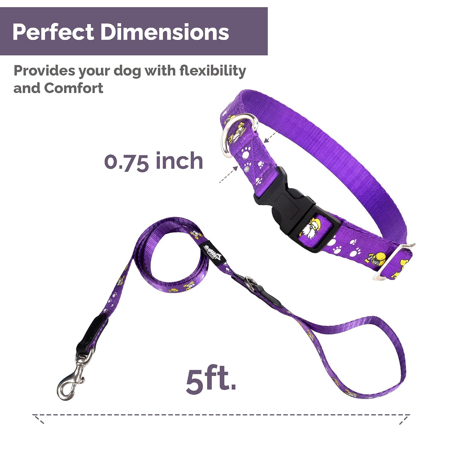 Adil's Nylon Paw Print Dog Collar & Leash Combo Set Quick Release Buckle 360° Swivel Hook Leather Accents 0.75 Inch Collar 5Ft Lead Walking Training for Small Medium Pets