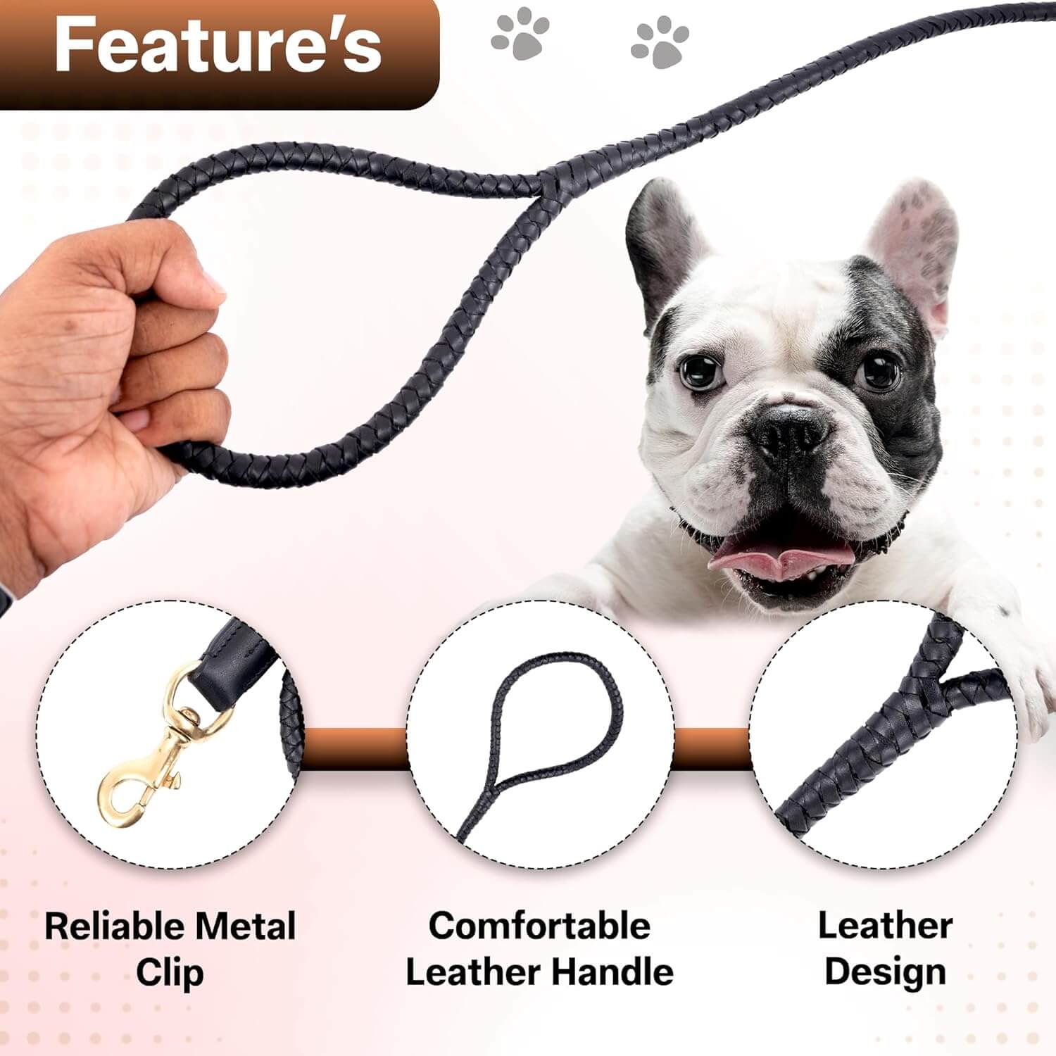 Adil’S Braided Rolled Drum Dyed Leather Dog Leash with 360 Degree Rotating Clasp 5 FT Long, Non-Slip Grip Handle, Suitable for Large & Medium Dogs
