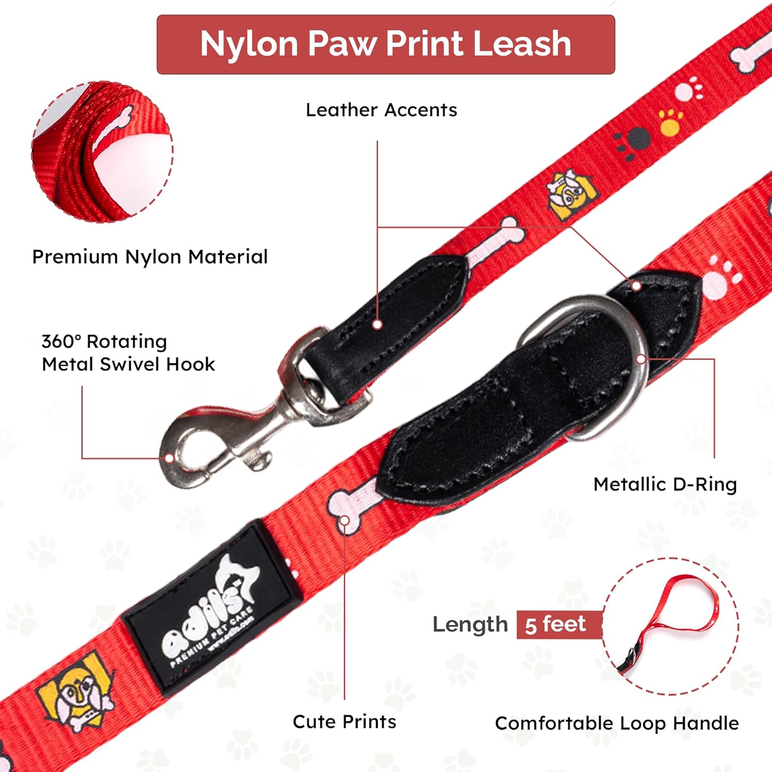 Adil's Nylon Paw Print Dog Collar & Leash Combo Set Quick Release Buckle 360° Swivel Hook Leather Accents 0.75 Inch Collar 5Ft Lead Walking Training for Small Medium Pets