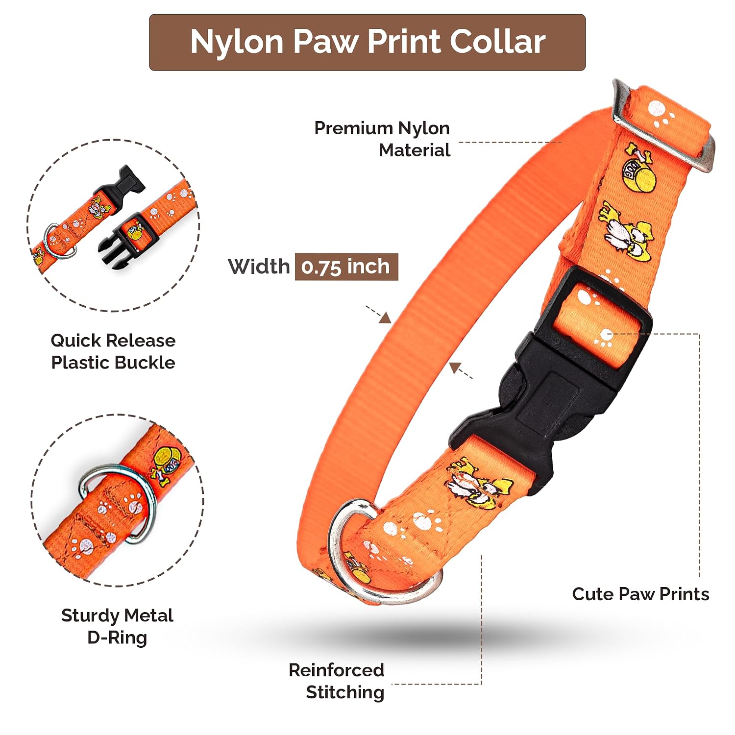 Adil's Nylon Paw Print Dog Collar & Leash Combo Set Quick Release Buckle 360° Swivel Hook Leather Accents 0.75 Inch Collar 5Ft Lead Walking Training for Small Medium Pets