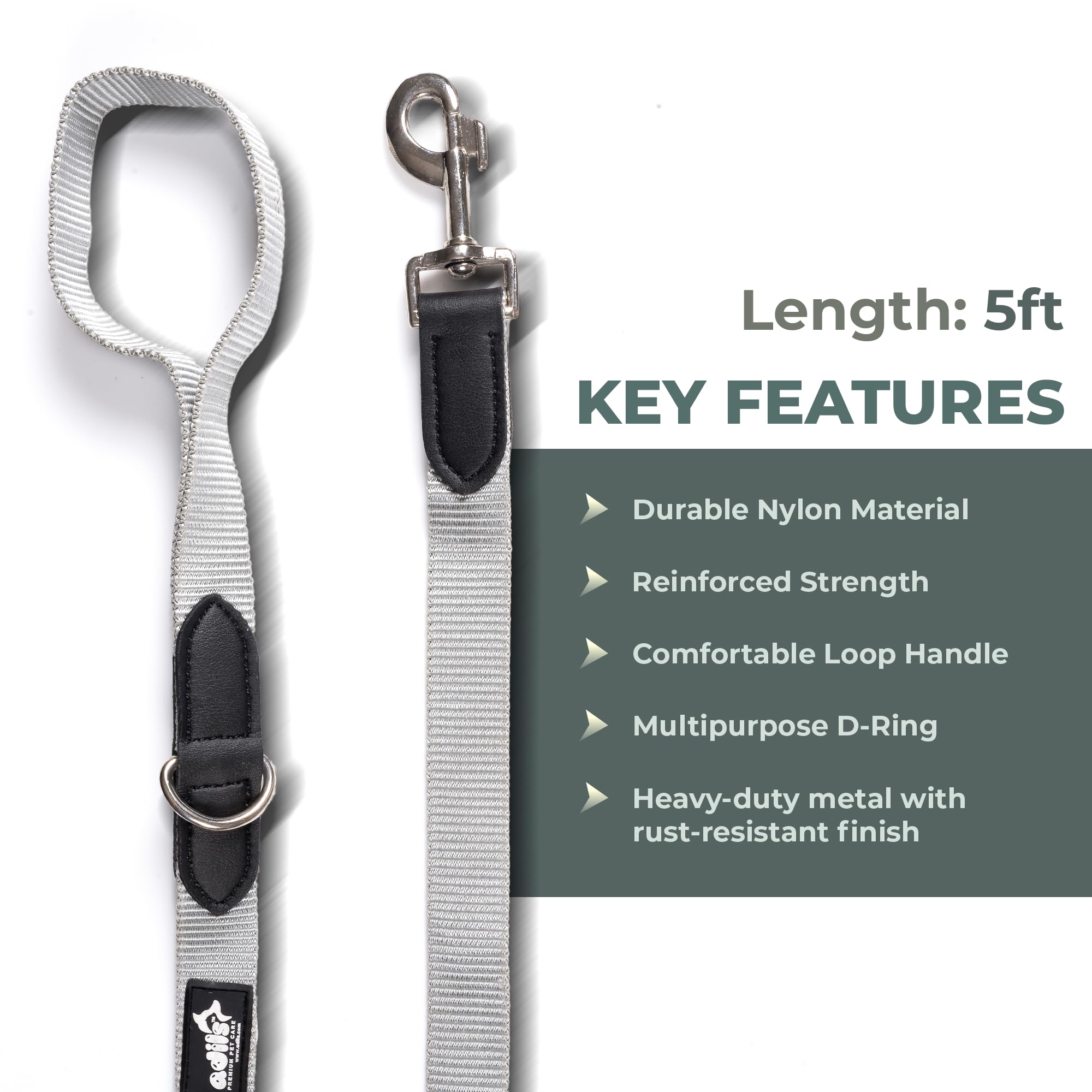 Adil’s 5FT Adjustable Nylon Dog Leash with Soft Leather Handle – Durable Long Lead with 360° Swivel Hook – Strong, Tangle-Free Leash for Walking & Training Small, Medium & Large Dogs