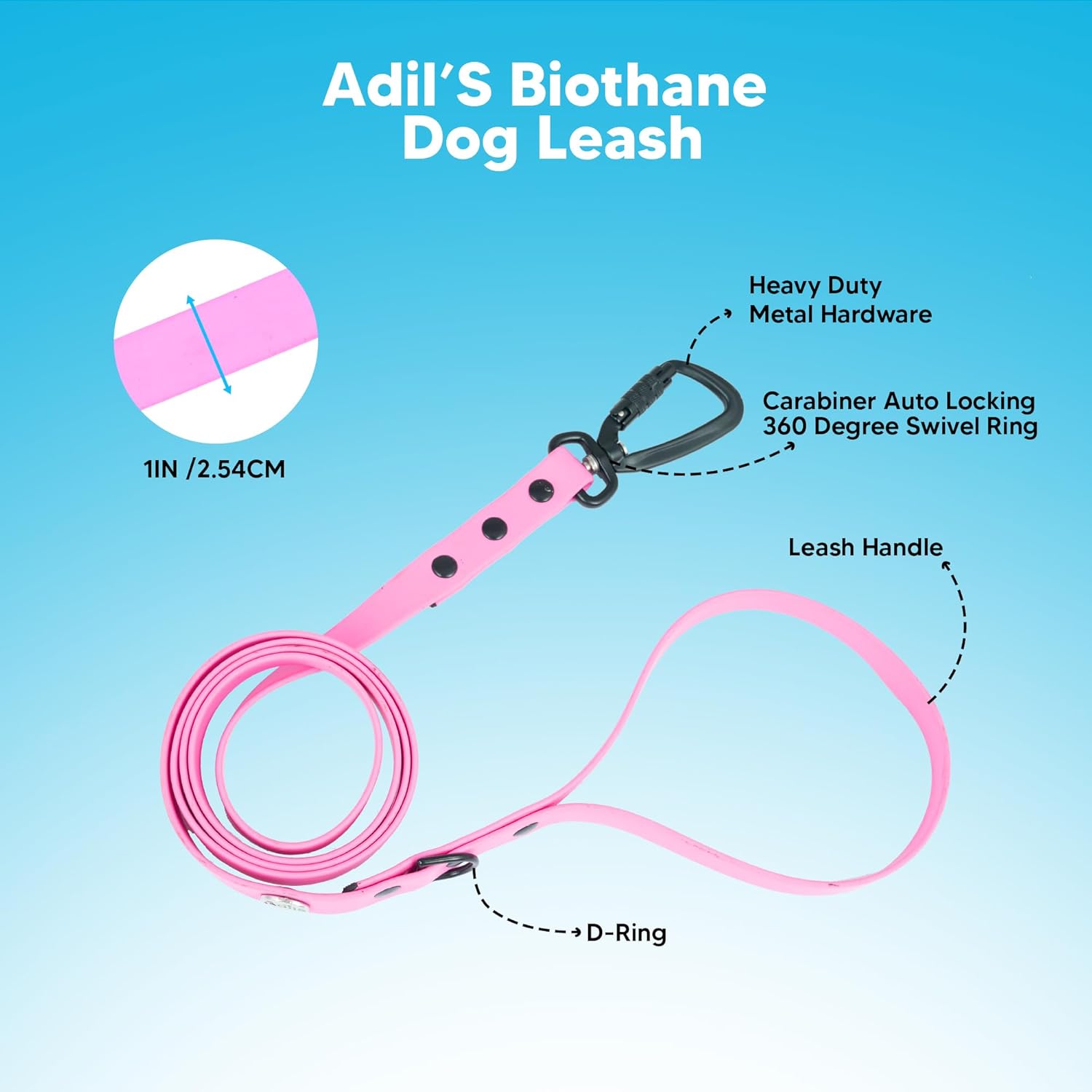 Adil’s Biothane Dog Leash - Waterproof Leashes for Dogs, Metal Hook, Adjustable 5ft Length Suitable for Dogs & Puppies, Ideal for Walking, Running & Training