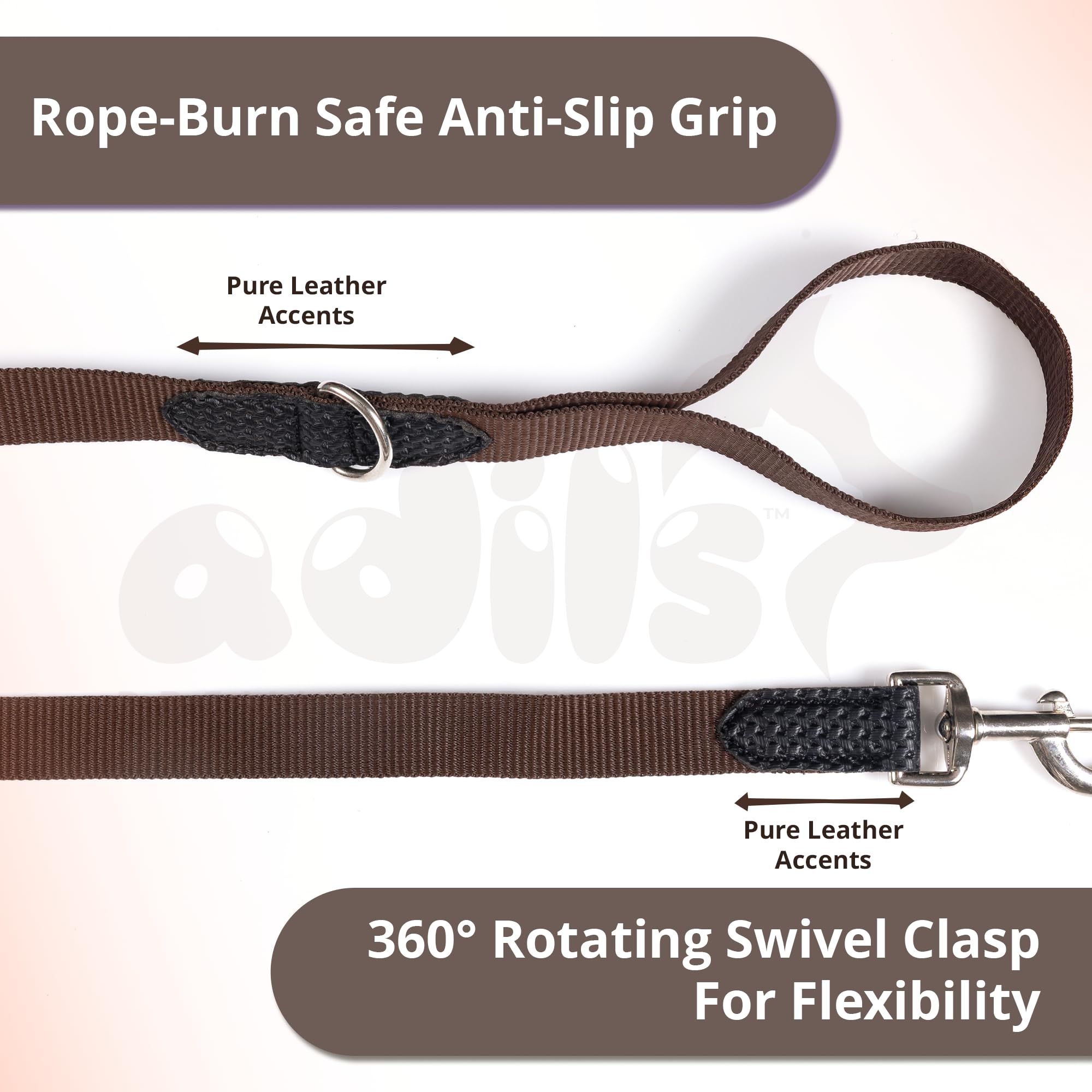 Adil’s 10FT Adjustable Dog Leash Features a Soft Leather Handle, Strong Nylon, and a 360° Swivel Hook—Durable, Comfy, and Ideal for Small to Large Dogs.