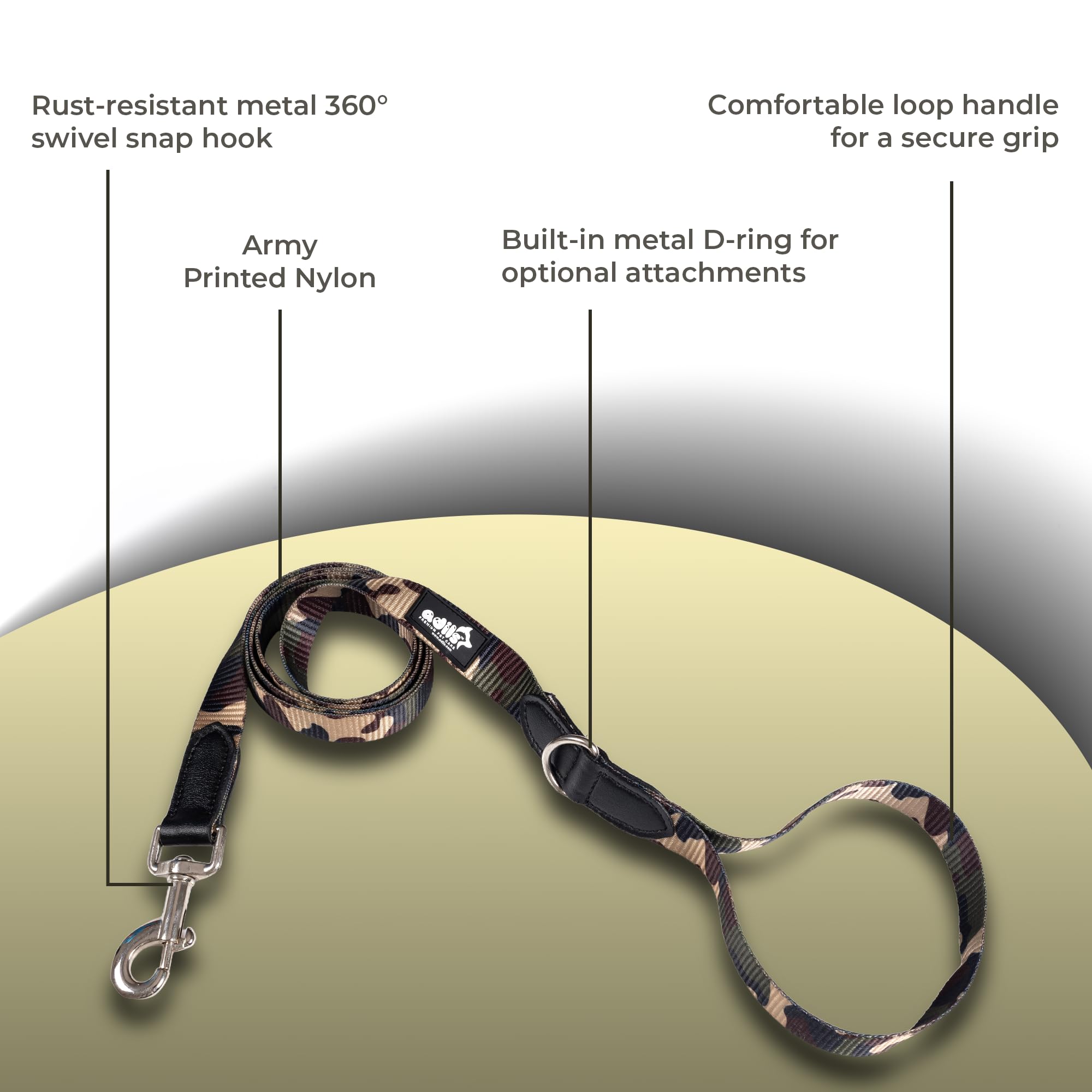 Adil’s Nylon Adjustable Dog Leash in Army Print with Soft Leather Handle, Heavy-Duty Strap & 360° Swivel Hook – Durable Training & Walking Leash for Small, Medium & Large Pets.