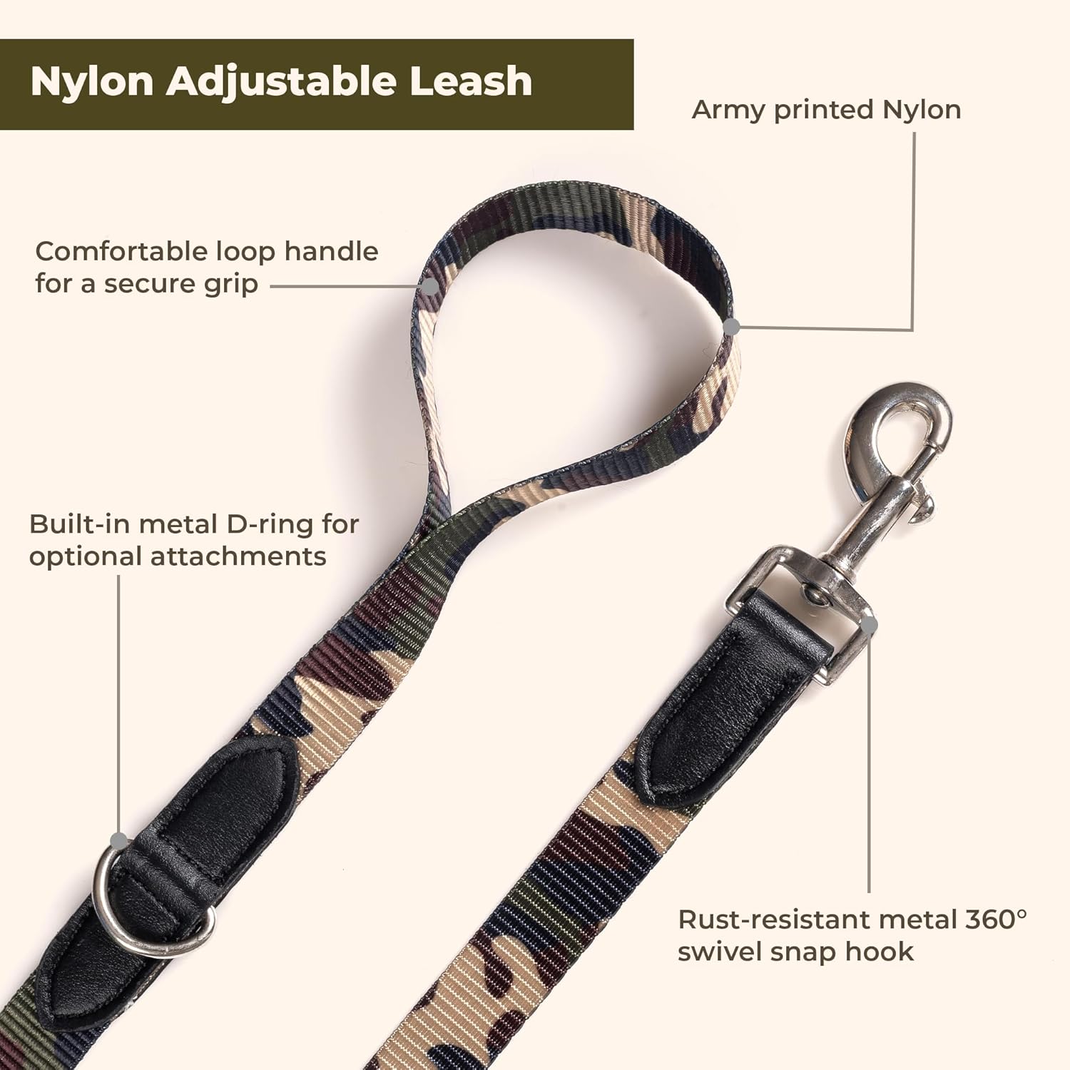 Adil’s Nylon Adjustable Dog Collar & 10ft Leash Combo Set in Army Print Durable Neckbelt with Metal Buckle D-Ring 360 Swivel Hook with Loop Handle for Small Medium Large Pet