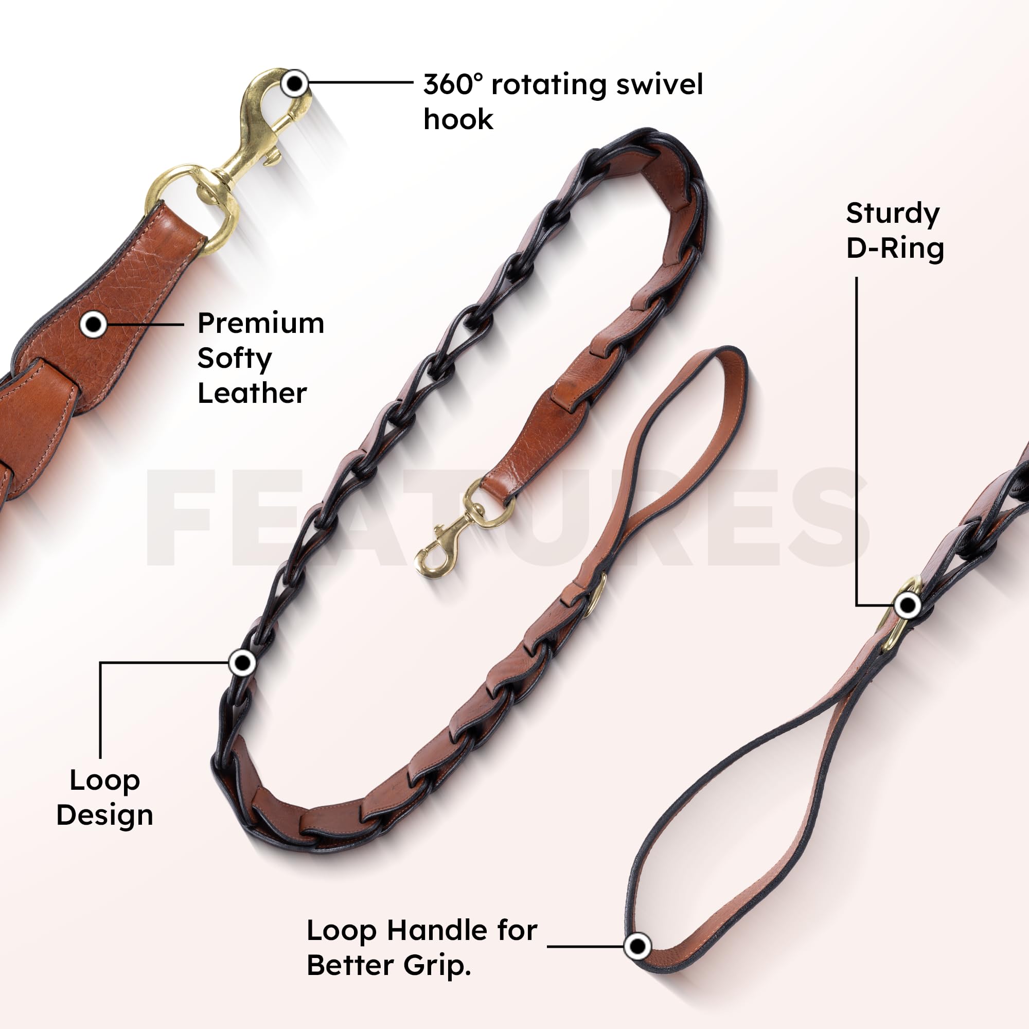 Adil's Premium Softy Leather Dog Leash 5ft Long 1 Inch Wide Braided Leash with Loop Handle 360° Golden Swivel Hook Strong D-Ring Durable Walking Training Lead for Small Medium Large Pets