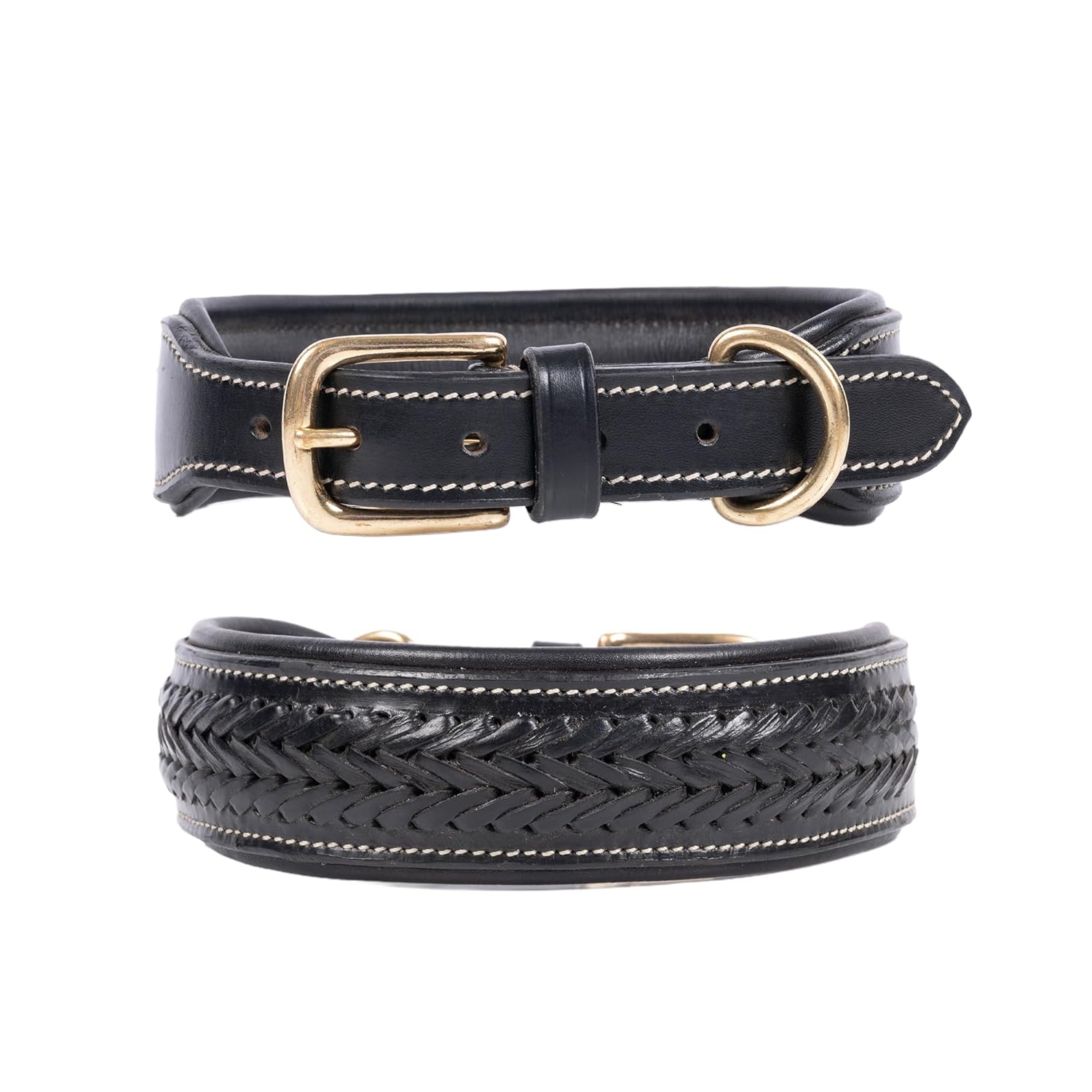 ADIL'S Handcrafted Leather Dog Collar – Basket Weave Braided Design Neckbelt with Brass Buckle & D-Ring for Small Medium Large Dogs, Black 1 Inch