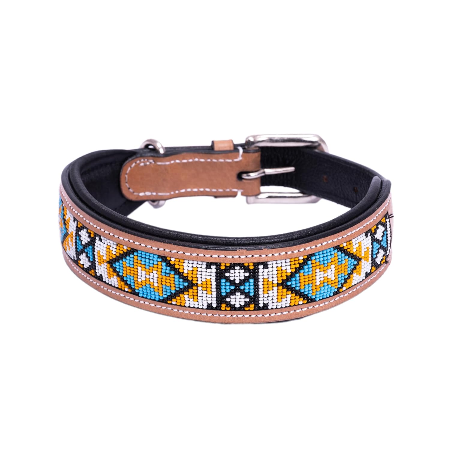 Adil’S Beaded Leather Dog Collar 1.5 Inch Width, for Small, Medium & Large Dogs, Hand Tooled Adjustable Beaded Dog Collars with Strong Metal Buckle & D-Ring