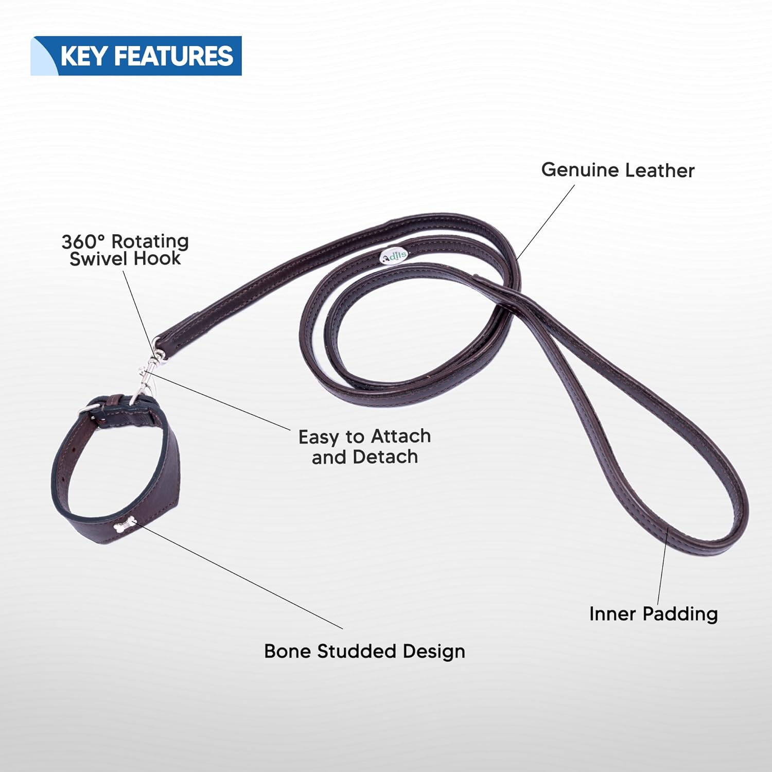 Adil’S Leather Cat Collar & Leash Set Combo - Stylish Single Bone Studded Design Collar, Genuine Leather, Adjustable Buckle & Secure 5ft Leash for Outdoor Activity (Brown)