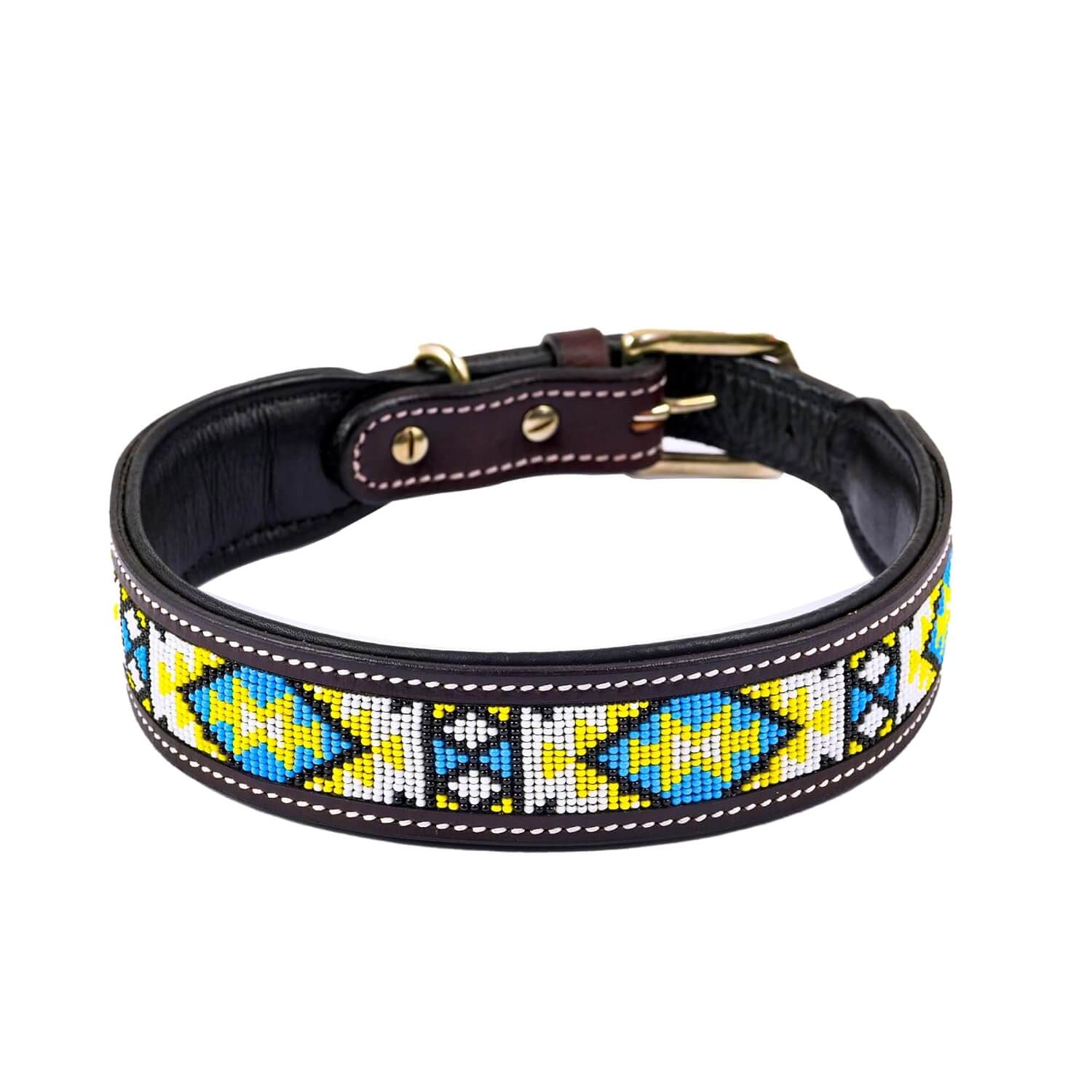 Adil’s Beaded Leather Dog Collar, Hand Tooled Adjustable with Strong Metal Buckle