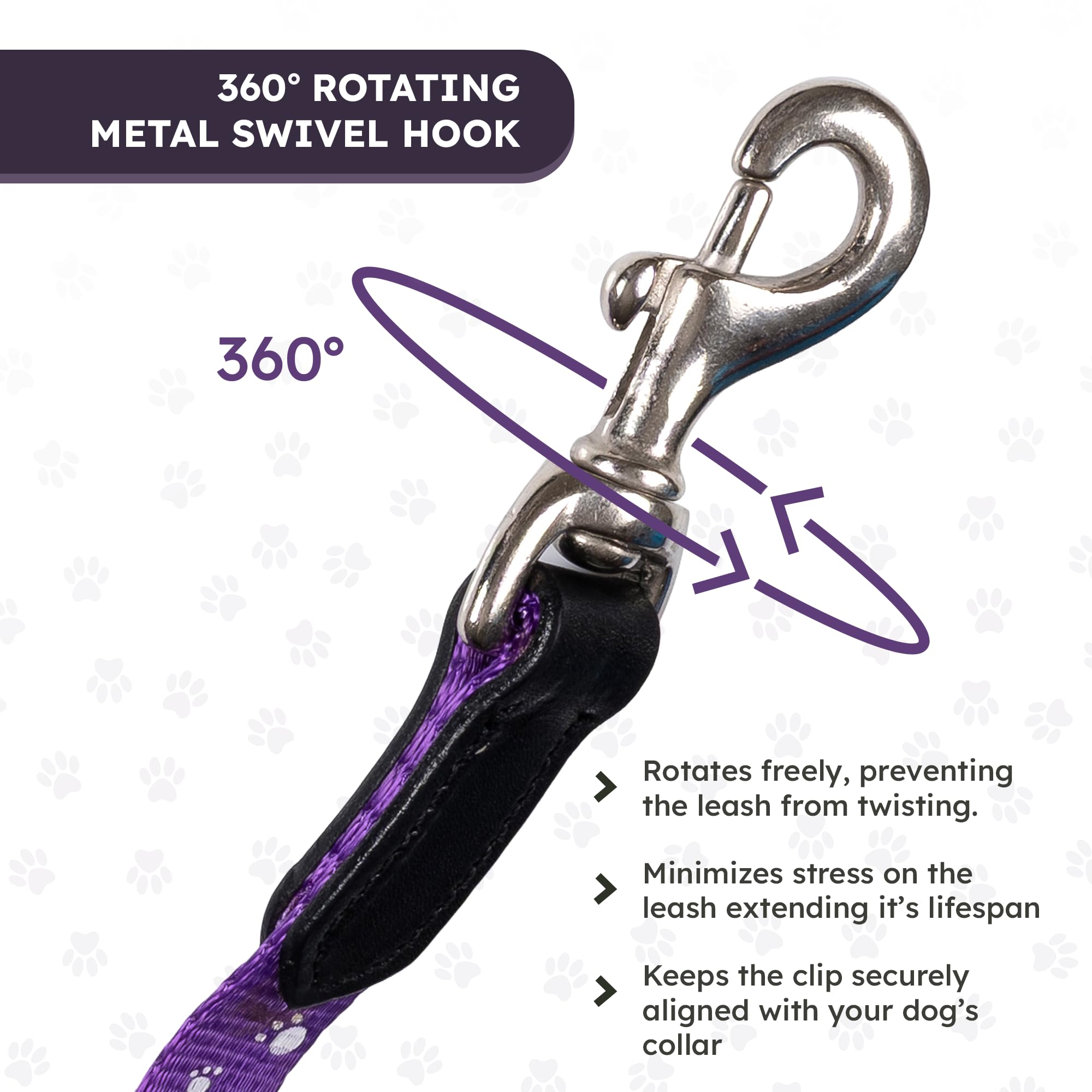 Adil’s Nylon Paw Print Dog Leash – 19mm Wide 5ft Long Durable Lead with 360° Swivel Hook Loop Handle Metal D-Ring Walking Training for Small Medium Pets