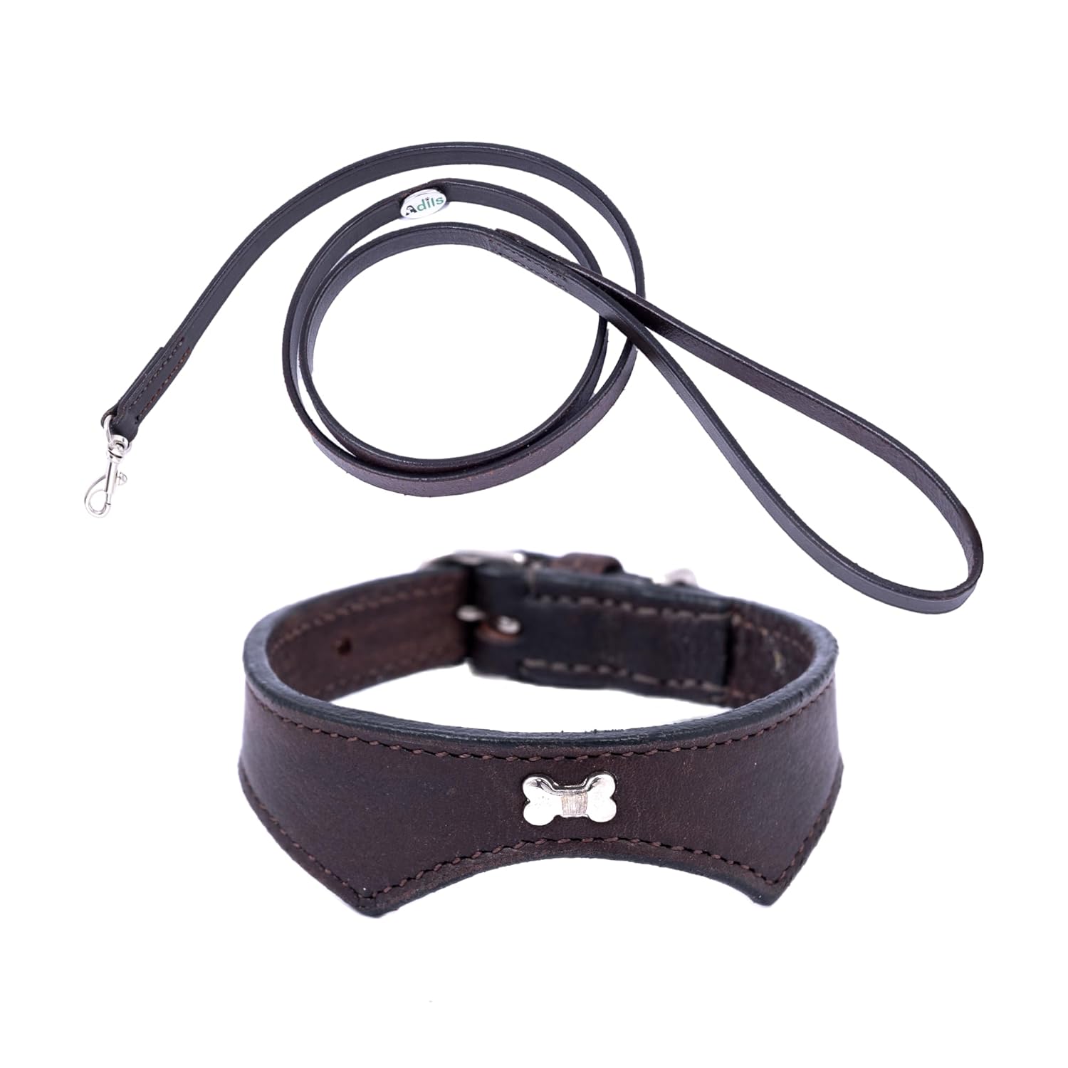 Adil’S Leather Cat Collar & Leash Set Combo - Stylish Single Bone Studded Design Collar, Genuine Leather, Adjustable Buckle & Secure 5ft Leash for Outdoor Activity (Brown)
