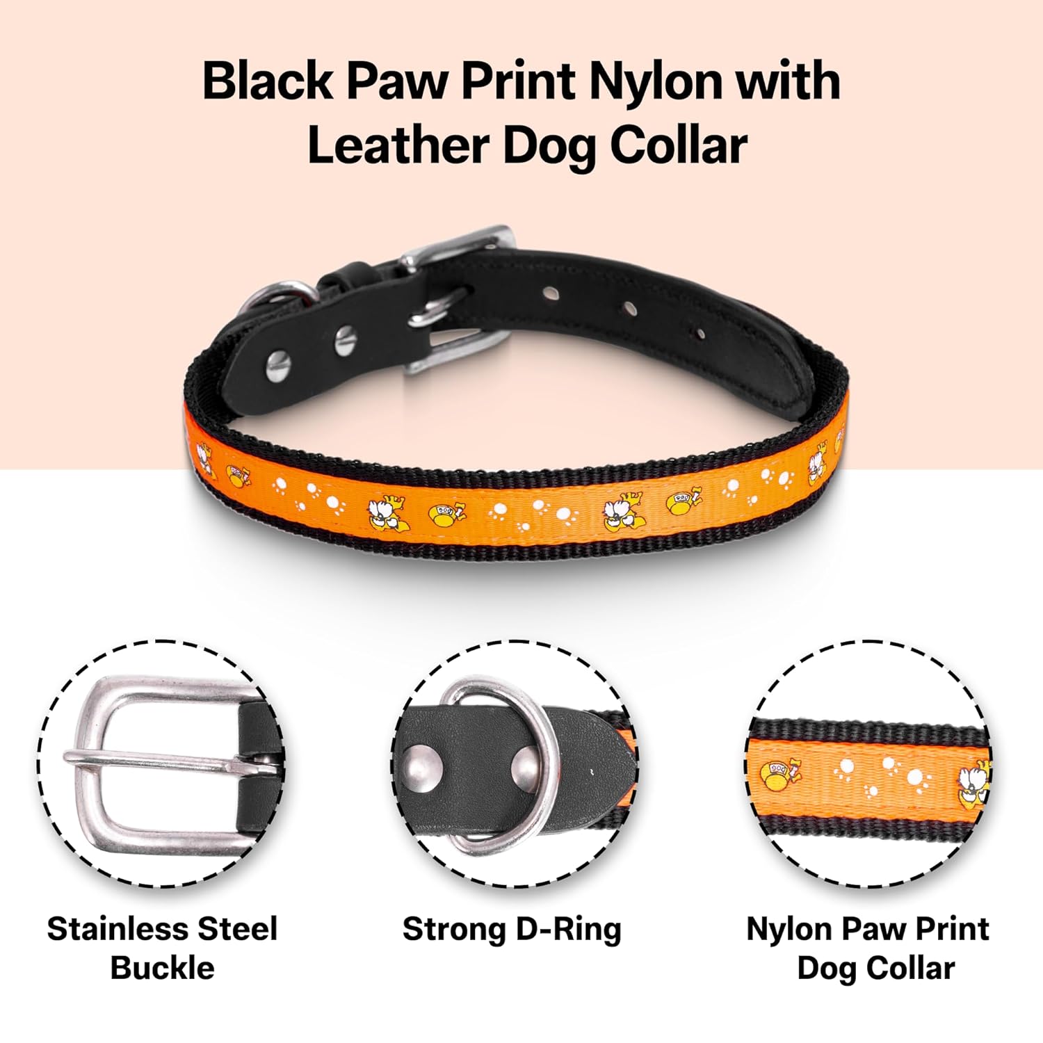 Nylon Dog Collar with Paw Print, Adjustable Metal Buckle