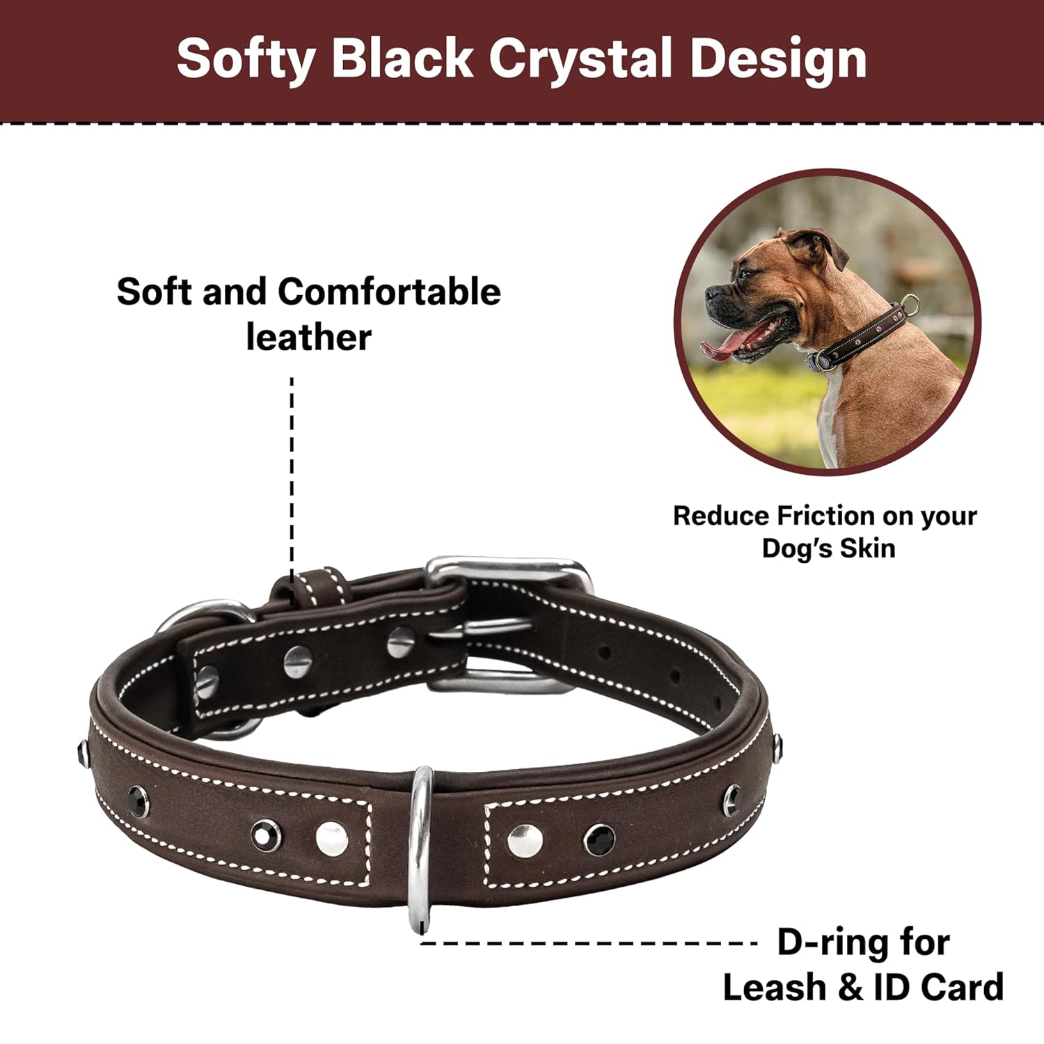Adil'S Studded Softy Leather Dog Collar 1inch Width Suitable for Small, Medium & Large Dogs with Strong Metal Buckle & D-Ring for leashes