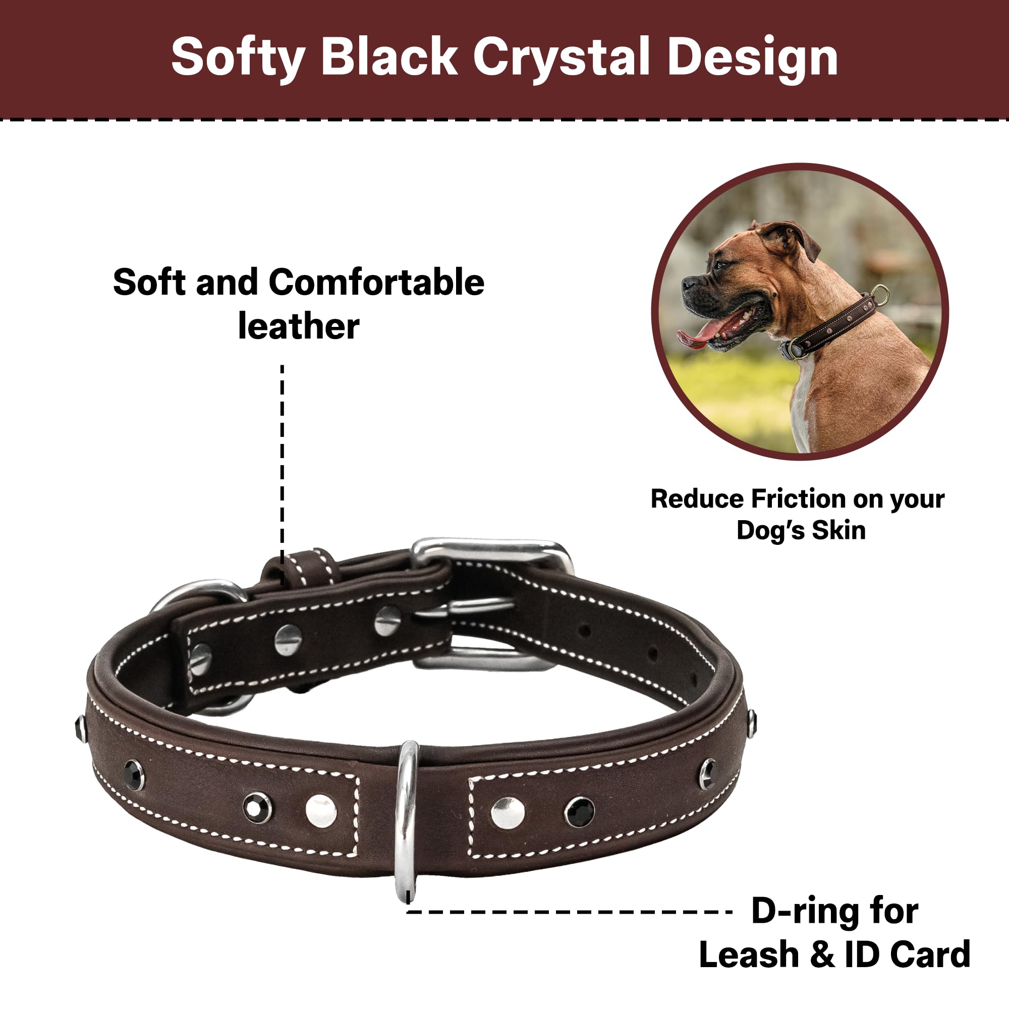 Adil’S Black Studded Softy Leather Dog Collar 1inch Width Suitable for Small, Medium & Large Dogs with Strong Metal Buckle & D-Ring for leashes, Size: S to XL, Brown (S, Black Stud)